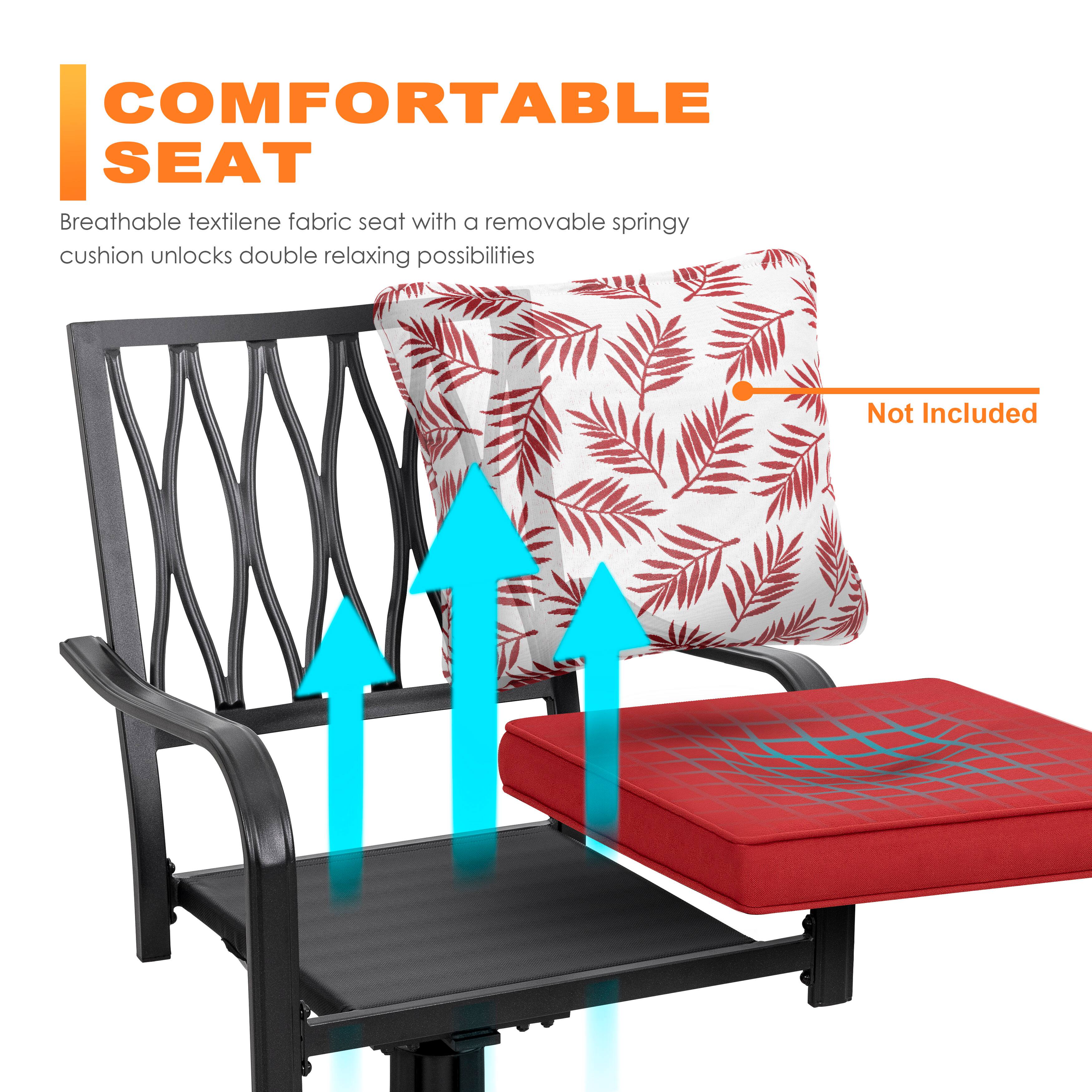 **COMFORTABLE SEAT**

Breathable textilene fabric seat with a removable springy cushion unlocks double relaxing possibilities

Not Included