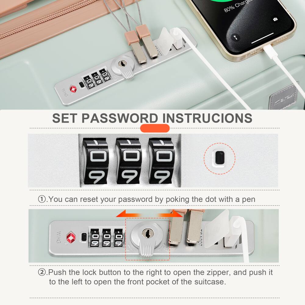 **SET PASSWORD INSTRUCTIONS**

1. You can reset your password by poking the dot with a pen.
2. Push the lock button to the right to open the zipper, and push it to the left to open the front pocket of the suitcase.