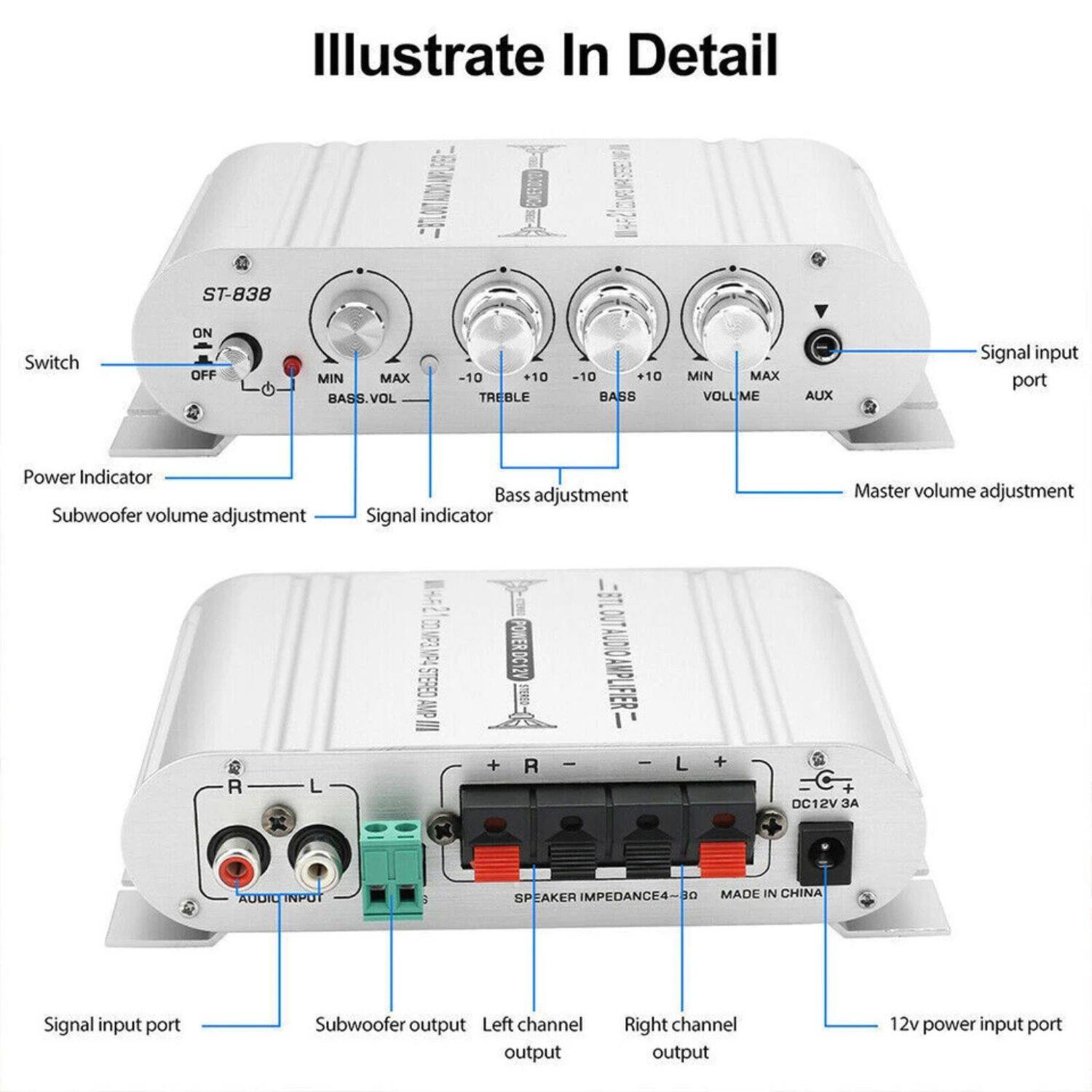 Illustrate In Detail

ST-838

- Switch: ON/OFF
- Power Indicator
- Subwoofer volume adjustment (BASS VOLUME MIN/MAX)
- Bass adjustment (BASS -10 +10)
- Signal indicator
- Master volume adjustment (VOLUME MIN/MAX)
- Signal input port (AUX)
- Signal input port (AUDIO IN)
- Subwoofer output
- Left channel output
- Right channel output
- 12v power input port (DC12V 3A)
- Speaker Impedance: 4-8Ω
- Made in China