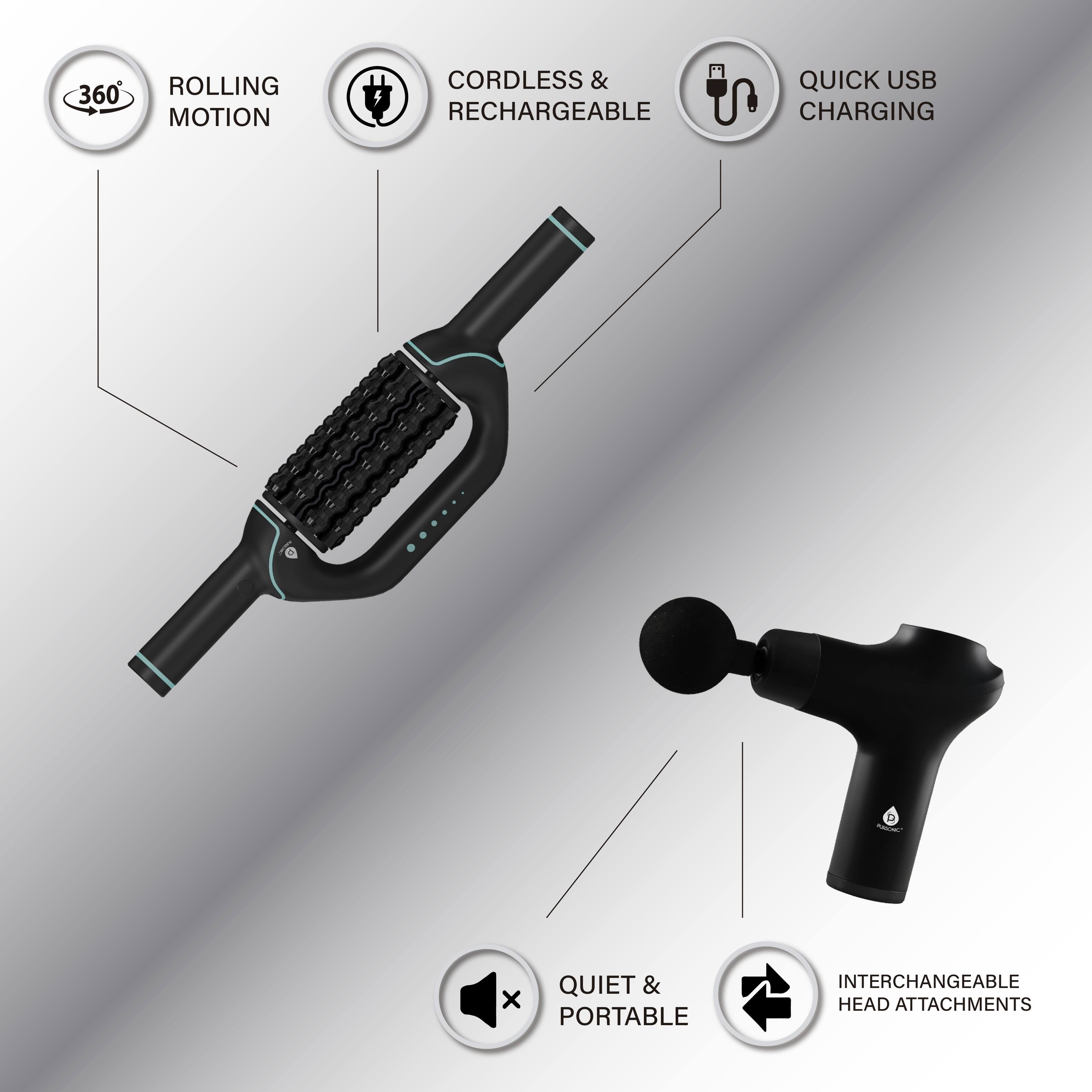 - 360° ROLLING MOTION
- CORDLESS & RECHARGEABLE
- QUICK USB CHARGING
- QUIET & PORTABLE
- INTERCHANGEABLE HEAD ATTACHMENTS