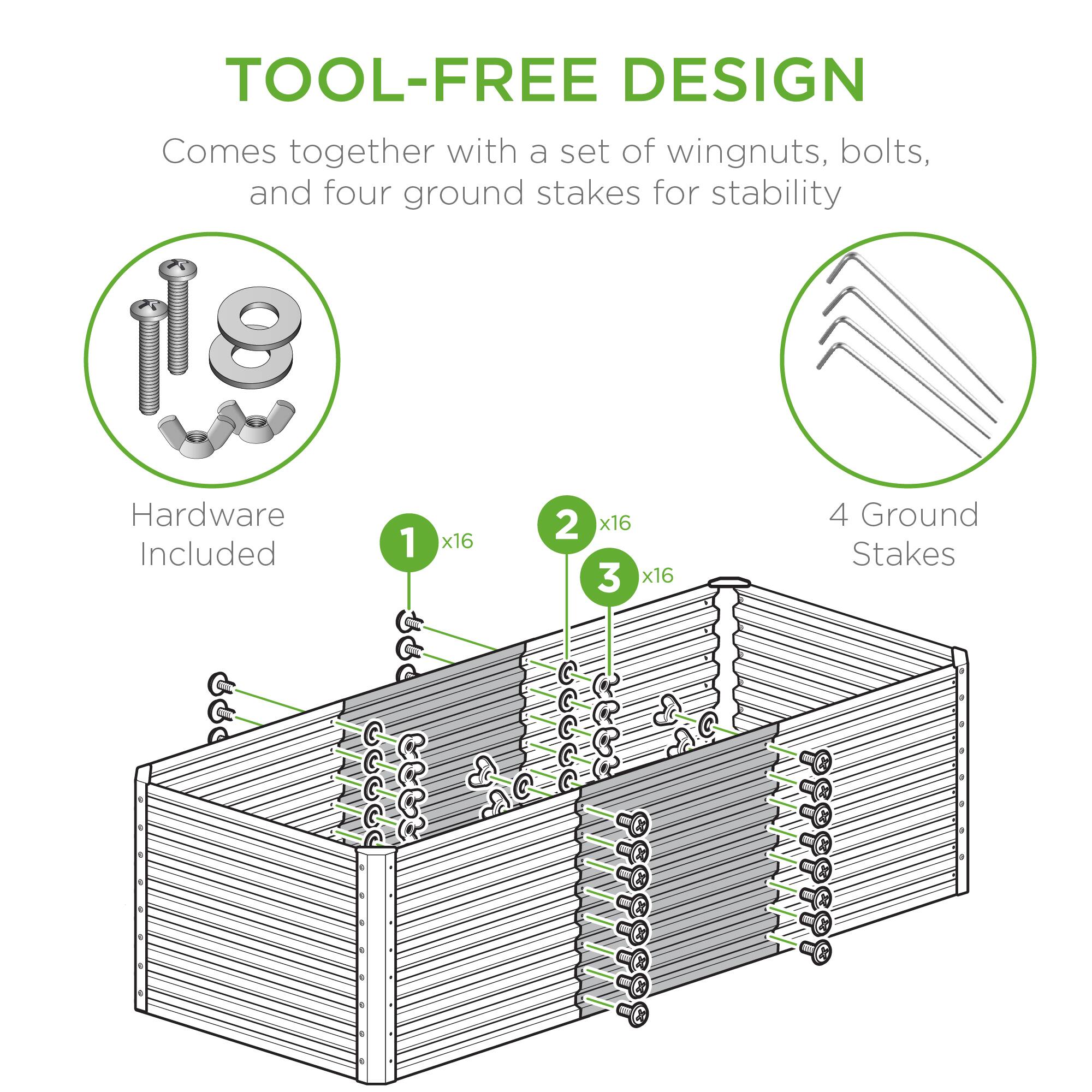 TOOL-FREE DESIGN  
Comes together with a set of wingnuts, bolts, and four ground stakes for stability  

Hardware Included  
1 x16  
2 x16  
3 x16  
4 Ground Stakes