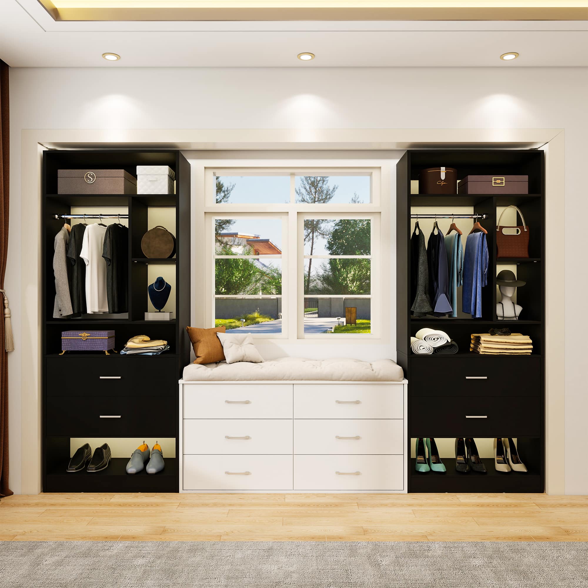 Aheaplus 4FT Closet Organizer with 4 Drawers, 10+ Shelves & 2 Rods