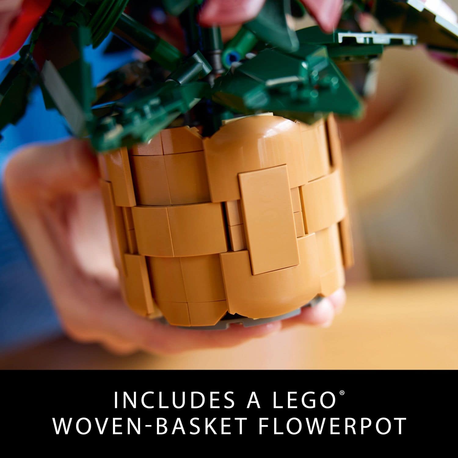 The text on the image reads "Includes a LEGO woven-basket flowerpot."