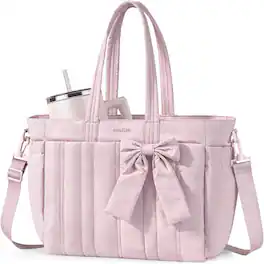 mosiso - Puffer Tote Bag for Women 13-14 Inch Laptop Bag with Cup Holder Lightweight Shoulder Bag for Travel Work School Gym - Pink