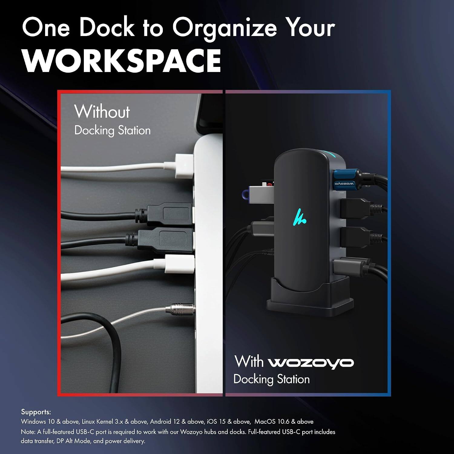 One Dock to Organize Your WORKSPACE

Without Docking Station

With wozoyo Docking Station

Supports: Windows 10 & above, Linux Kernel 3.x & above, Android 12 & above, iOS 15 & above, MacOS 10.6 & above

Note: A full-featured USB-C port is required to work with our Wozoyo hubs and docks. Full-featured USB-C port includes data transfer, DP Alt Mode, and power delivery.