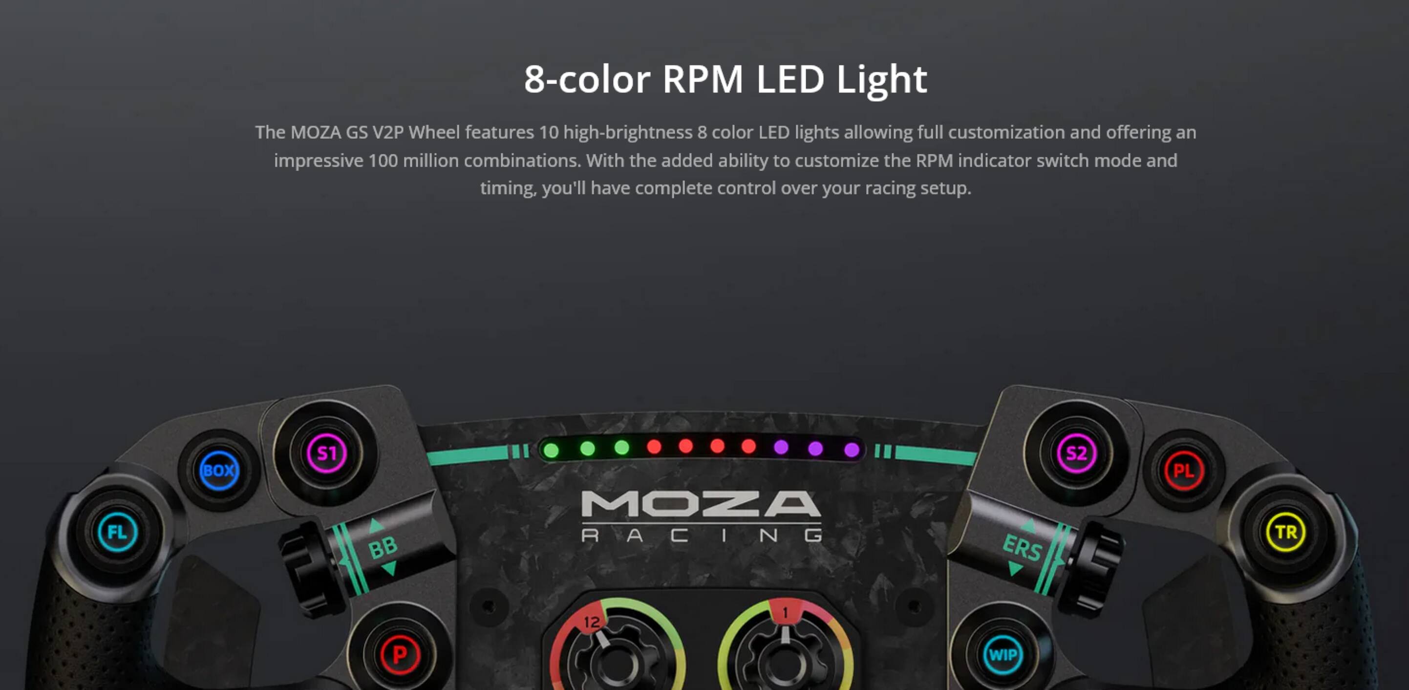 8-color RPM LED Light

The MOZA GS V2P Wheel features 10 high-brightness 8-color LED lights allowing full customization and offering an impressive 100 million combinations. With the added ability to customize the RPM indicator switch mode and timing, you'll have complete control over your racing setup.

FL BOX S1 BB MOZA RACING ERS S2 PL TR P 12 1 WIP