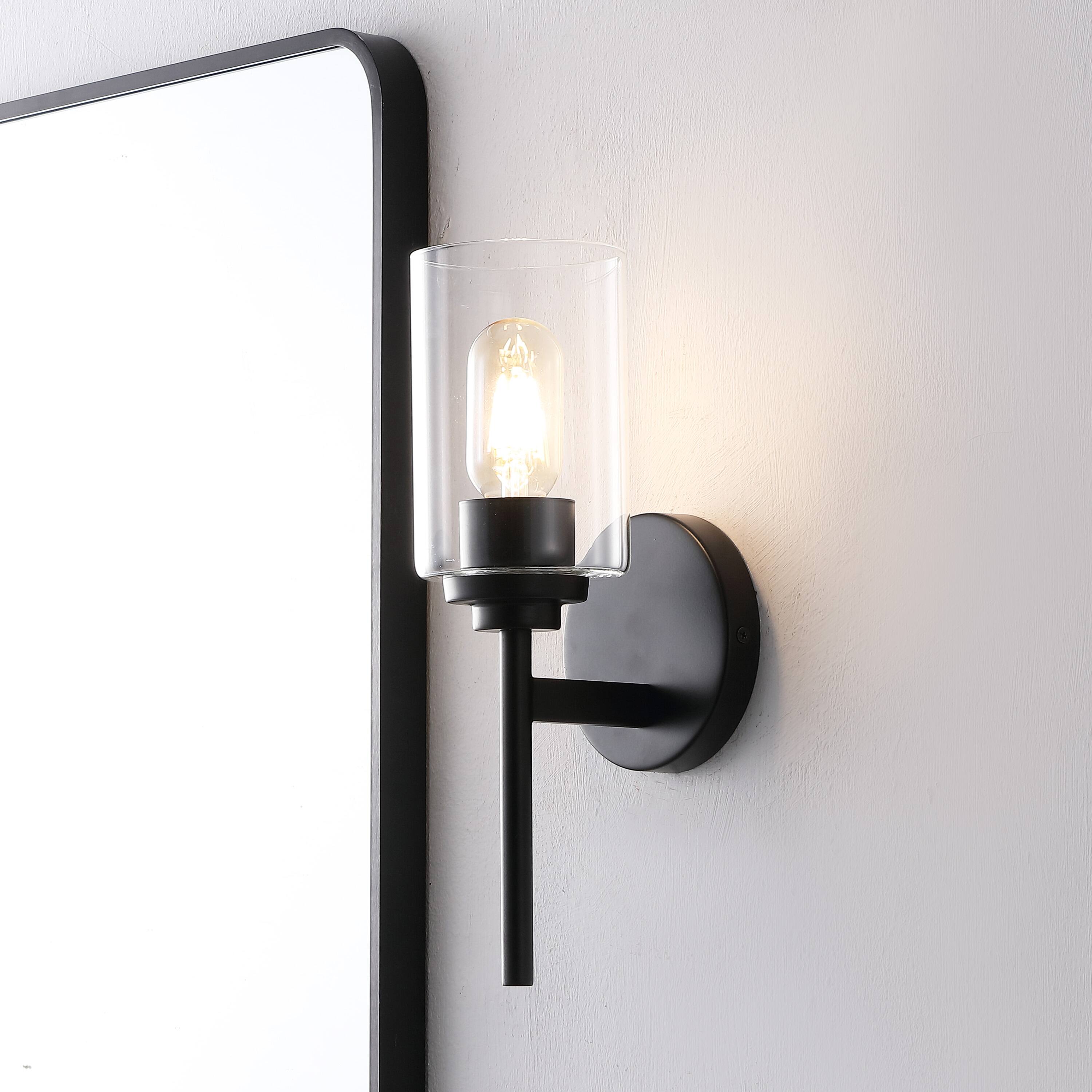 Alt View 1. Jonathan Y - Juno 13" 1-Light Farmhouse Industrial Metal/Glass Cylinder LED Sconce, Black/Clear - Black/Clear.