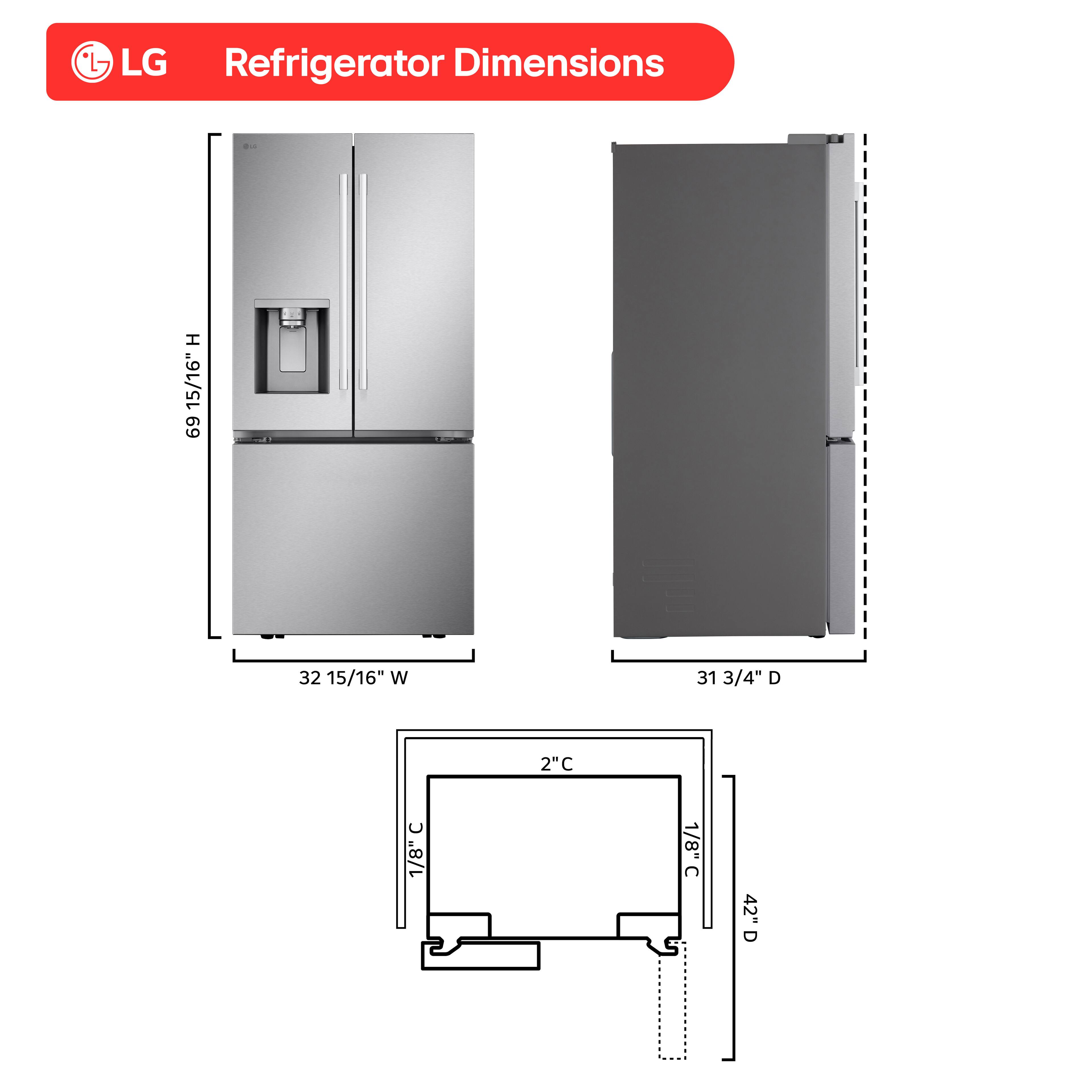 The image shows the dimensions of an LG refrigerator, with the height being 69 inches, the width being 31 3/4 inches, and the depth being 2 inches. The text also includes a reference to the height being 15/16 inches, which is equivalent to 69 inches.