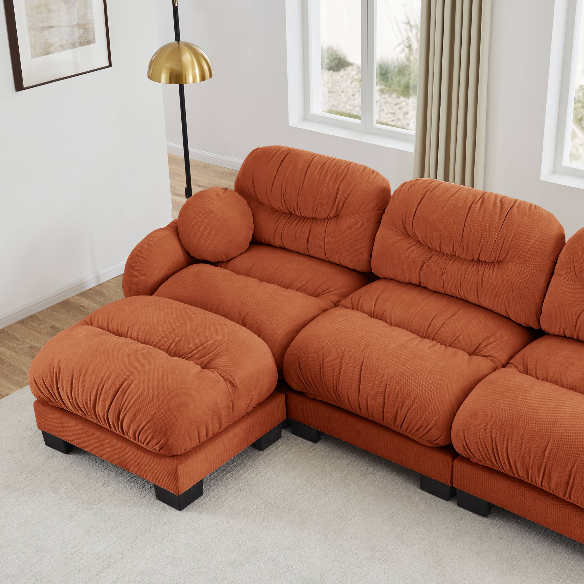 Alt View 4. Anysun - 3 Seater L Shape Sectional Couch with Ottoman, Chenille Fabric, High-Density Foam & Curved Armrests for Living Room - Orange.