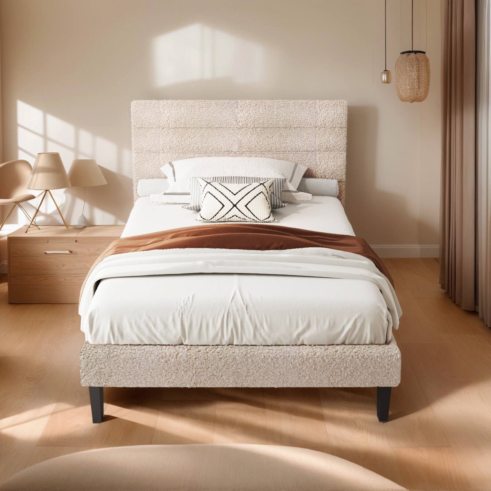 Alt View 5. Winado - Twin Size Boucle Upholstered Platform Bed Frame with Adjustable Headboard Wood Slats Support No Box Spring Needed - Boucle Beige.