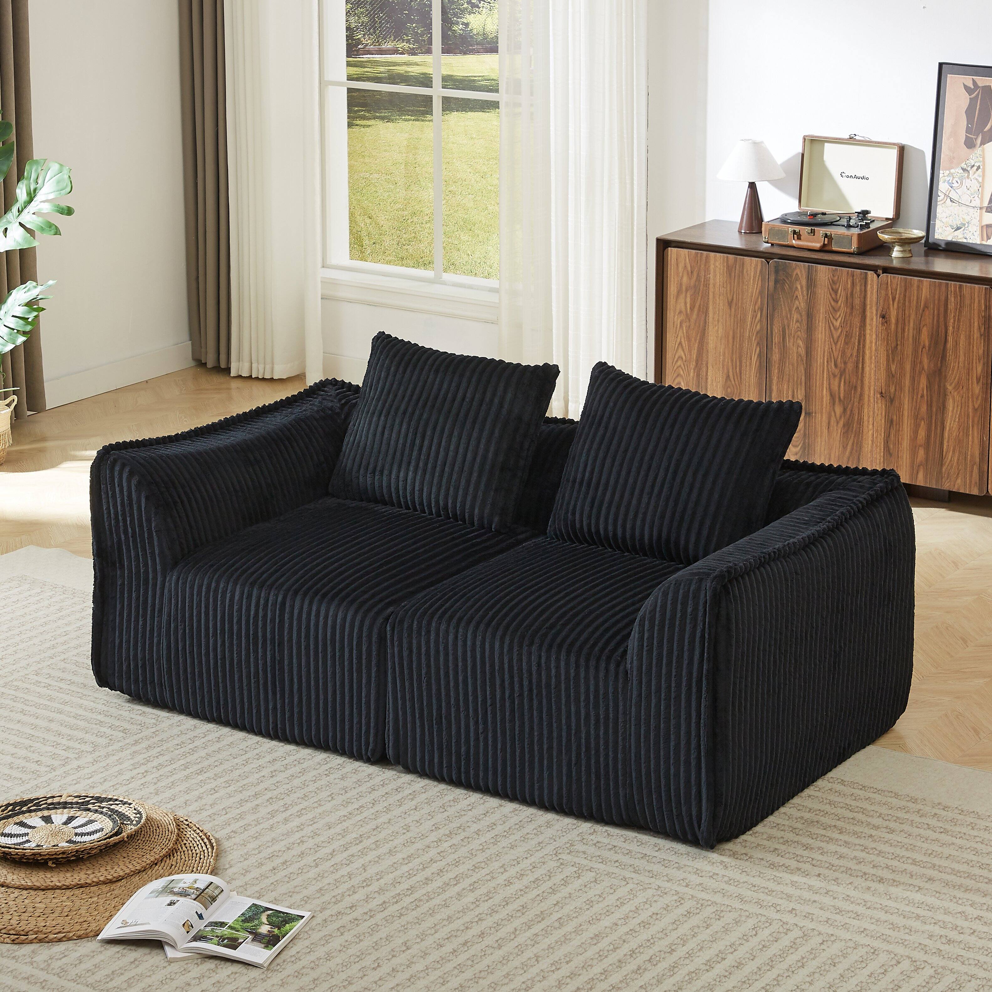 Angle. Anysun - 2-Seater Minimalist Corduroy Sofa with Curved Lines & Horn-Shaped Throw Pillows – Ergonomic Modular Cloud Sofa - Black.