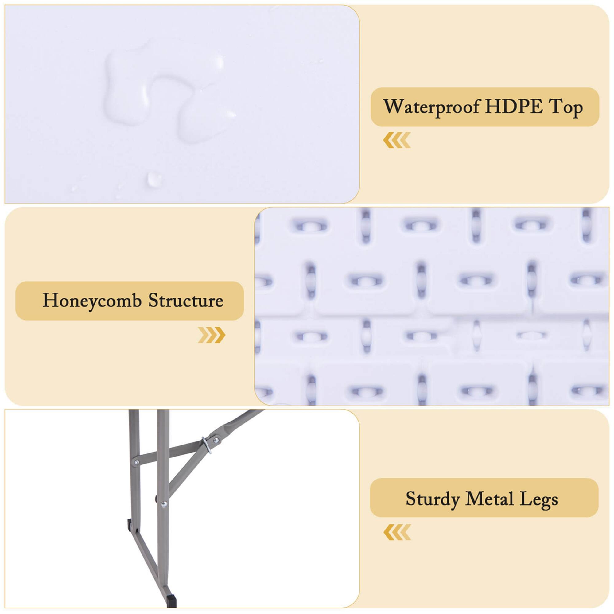 Waterproof HDPE Top
Honeycomb Structure
Sturdy Metal Legs