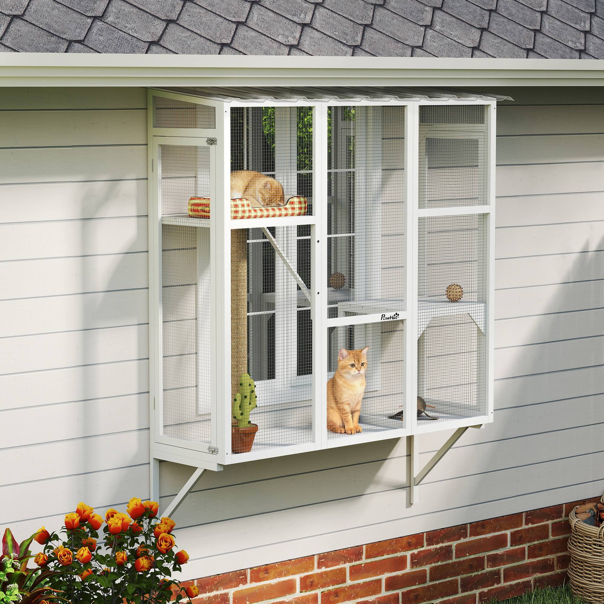 Alt View 1. Pawhut - Outdoor, Window Catio for 2-3 Large Indoor Cats w/ 2 Jumping Platforms, Scratching Post - White.