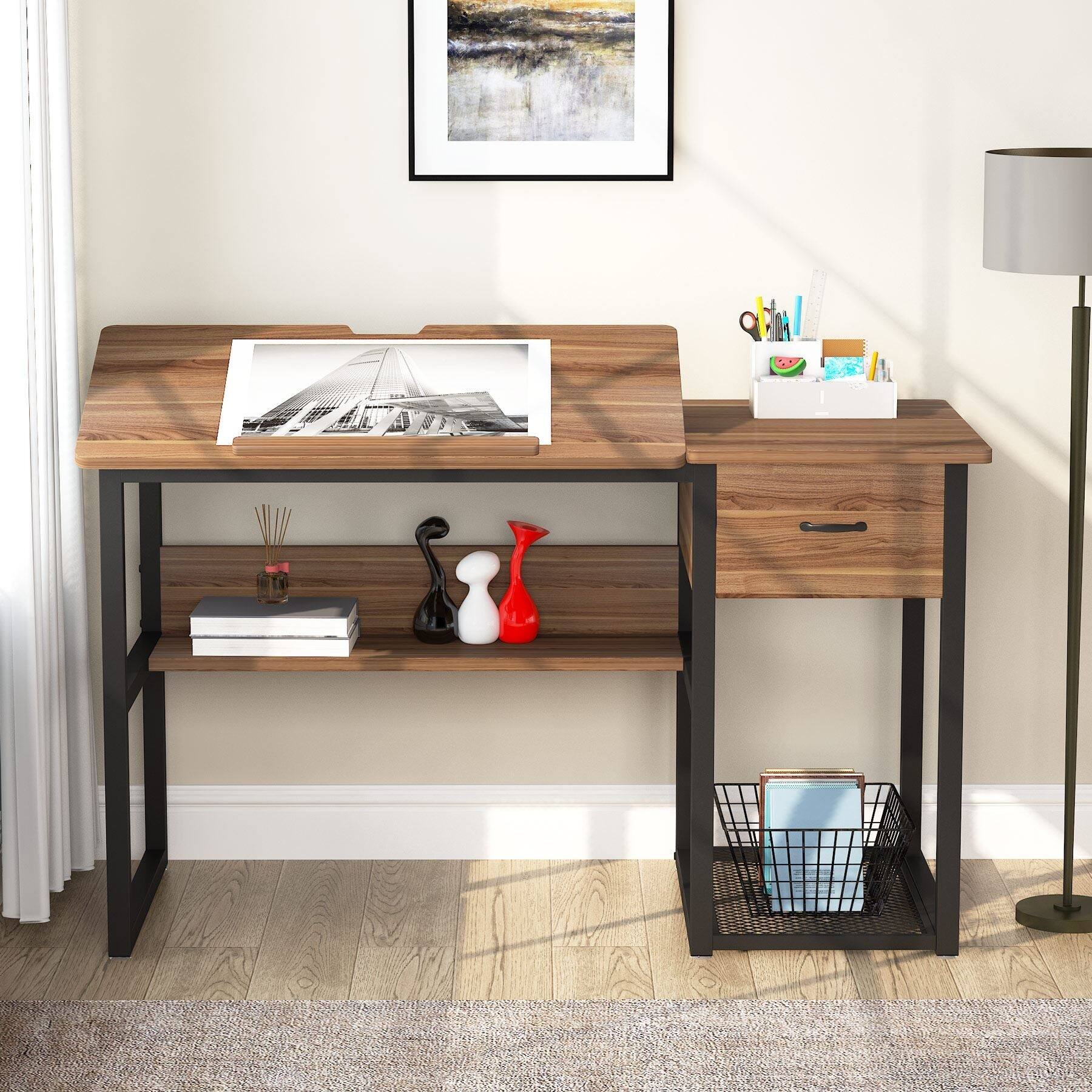Alt View 1. Tribesigns - Office Drafting Table, For Drawing, Creative Projects and Everyday Work in a Home Studio - Brown.
