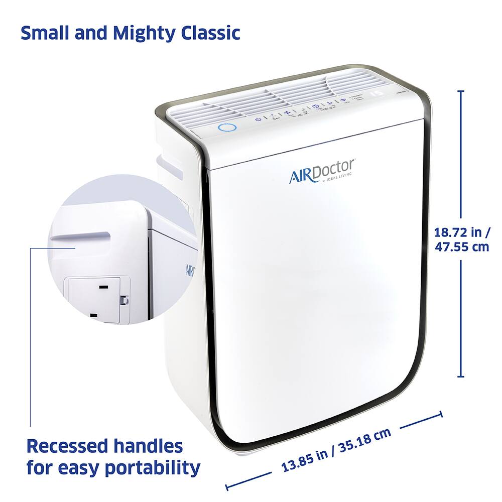 Small and Mighty Classic - AIRDoctor - Ideal Living - 18.72 in / 47.55 cm - Recessed handles for easy portability - 13.85 in / 35.18 cm