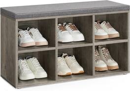 Songmics Home - Shoe Bench with Cushion Entryway Storage Bench with 6 Compartments and 3 Adjustable Shelves in Greige - 0