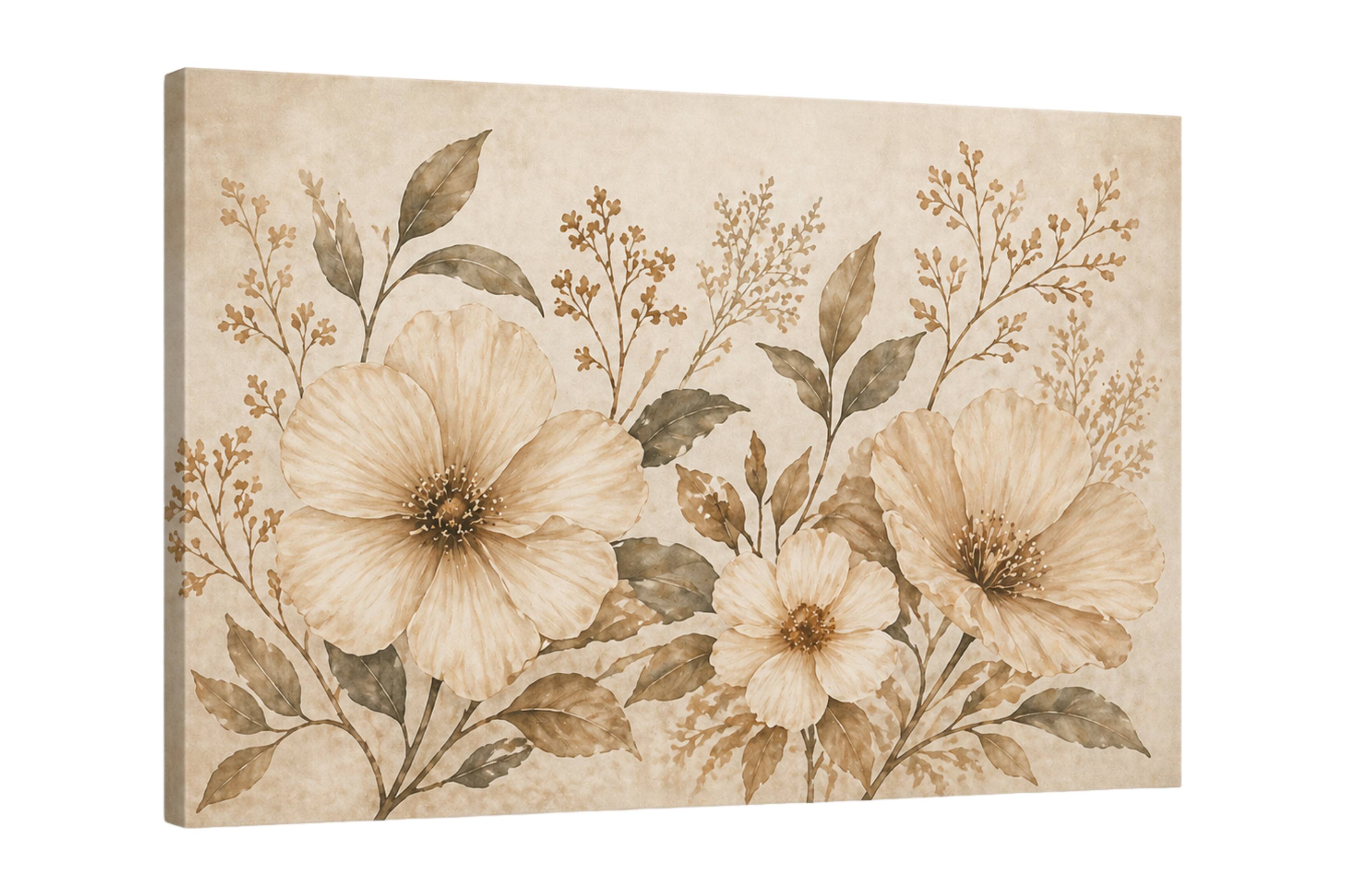 FC Design - Large Canvas 24x36" Neutral Botanical Floral Vintage Beige Art Painting Home Wall Décor - MultiColor