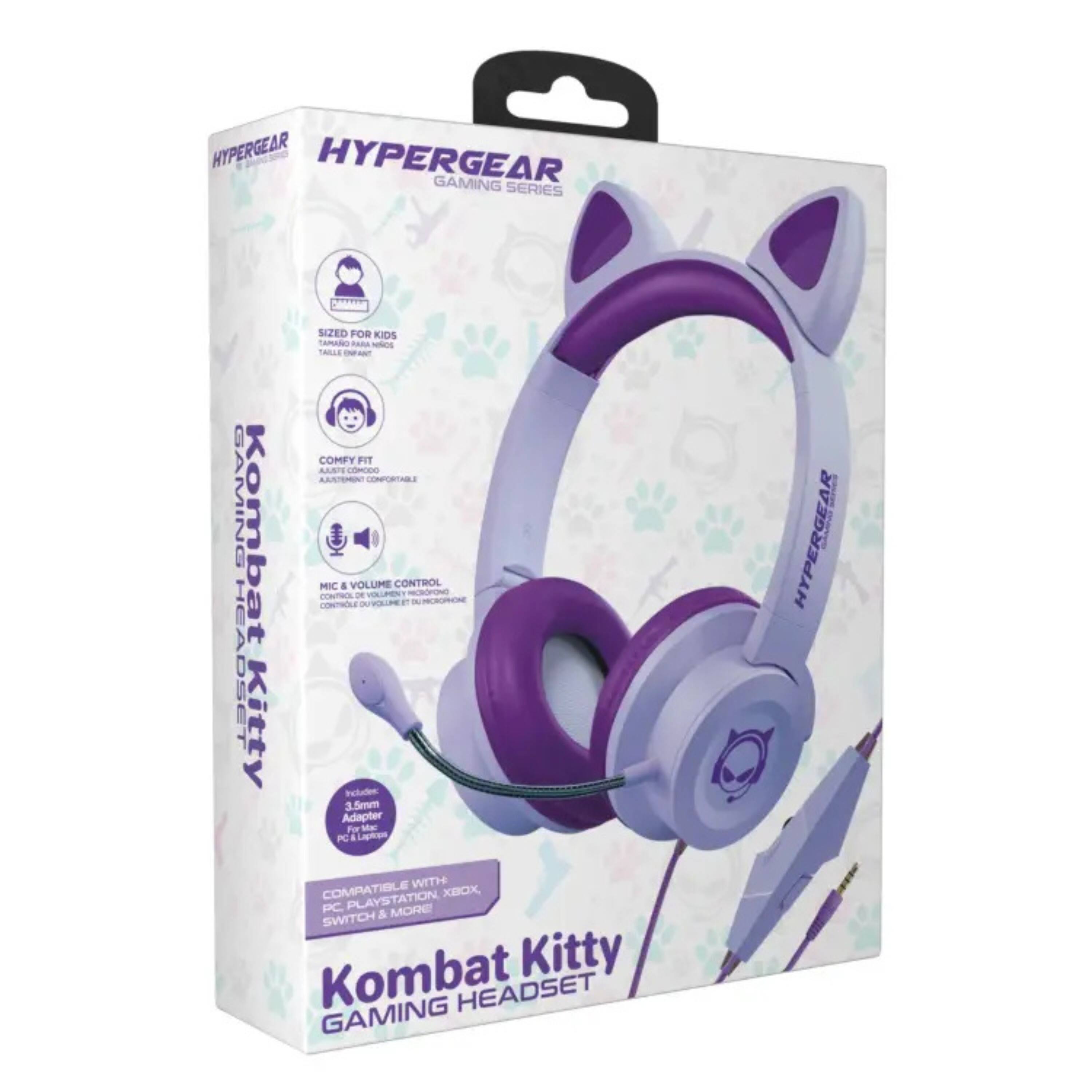 HYPERGEAR GAMING SERIES  
Kombat Kitty  
Gaming Headset  
Sized for Kids  

Features:  
- Comfy Fit  
- Mic & Volume Control  
- Includes 3.5mm Adapter for PC & Laptop  

Compatible with:  
- PC  
- PlayStation  
- Xbox  
- Switch  

HyperGear Kombat Kitty Gaming Headset