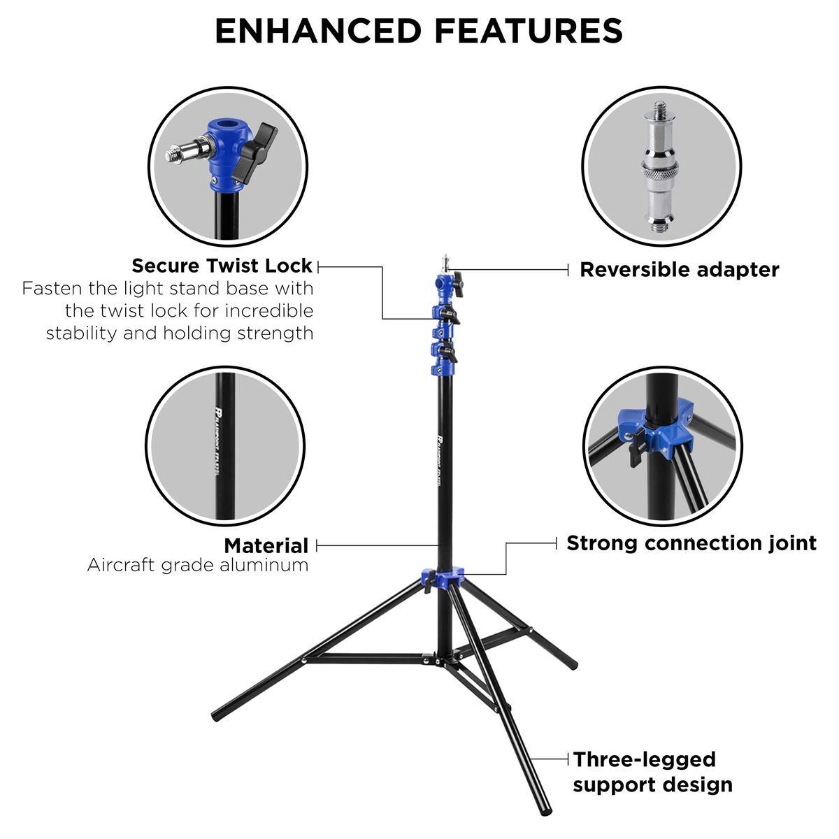 ENHANCED FEATURES

- Secure Twist Lock
  - Fasten the light stand base with the twist lock for incredible stability and holding strength

- Reversible adapter

- Material
  - Aircraft grade aluminum

- Strong connection joint

- Three-legged support design