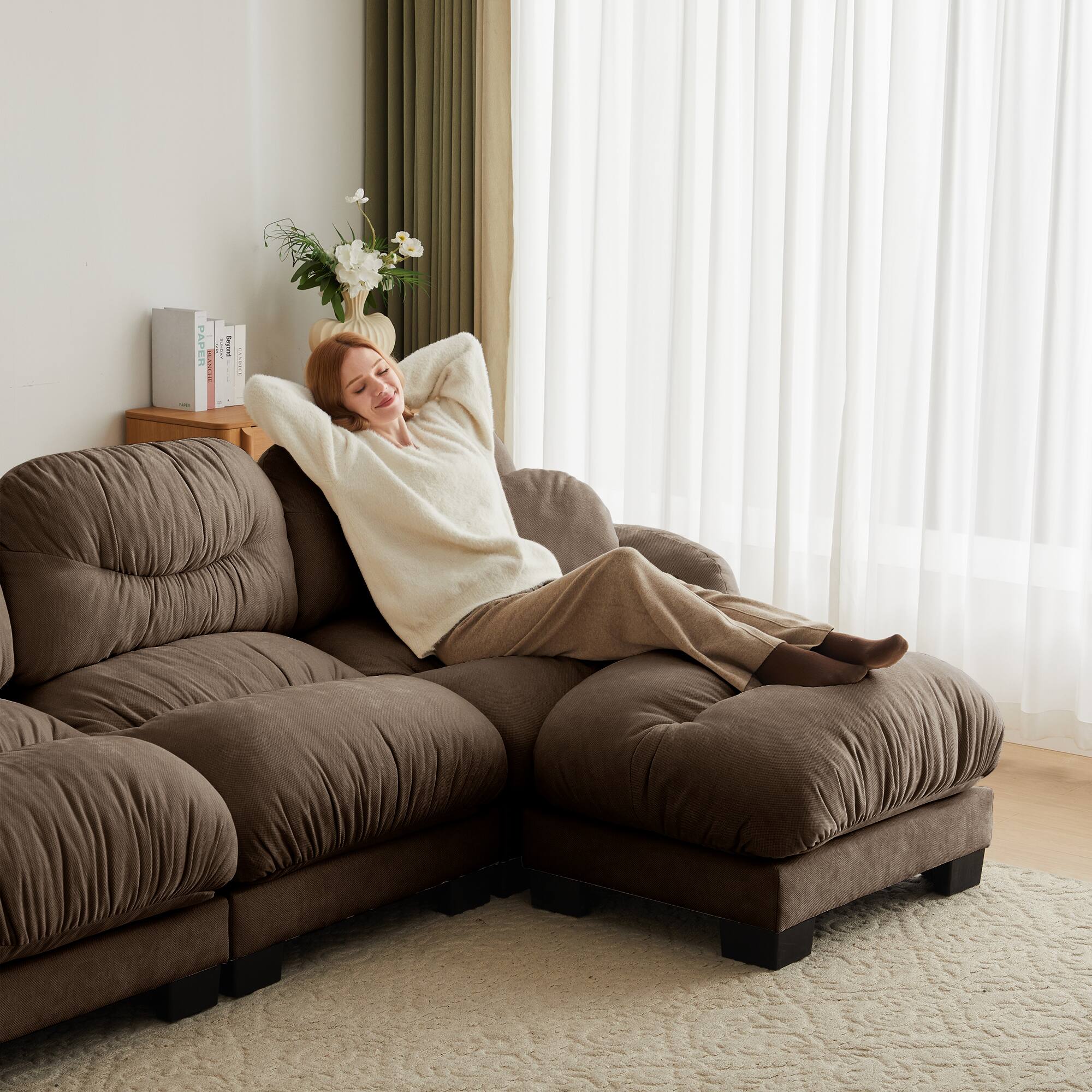 Alt View 1. Anysun - 4-Seater U Shape Sectional Couch with 2 Ottomans, Chenille Fabric, High-Density Foam & Curved Armrests for Living Room - Brown.