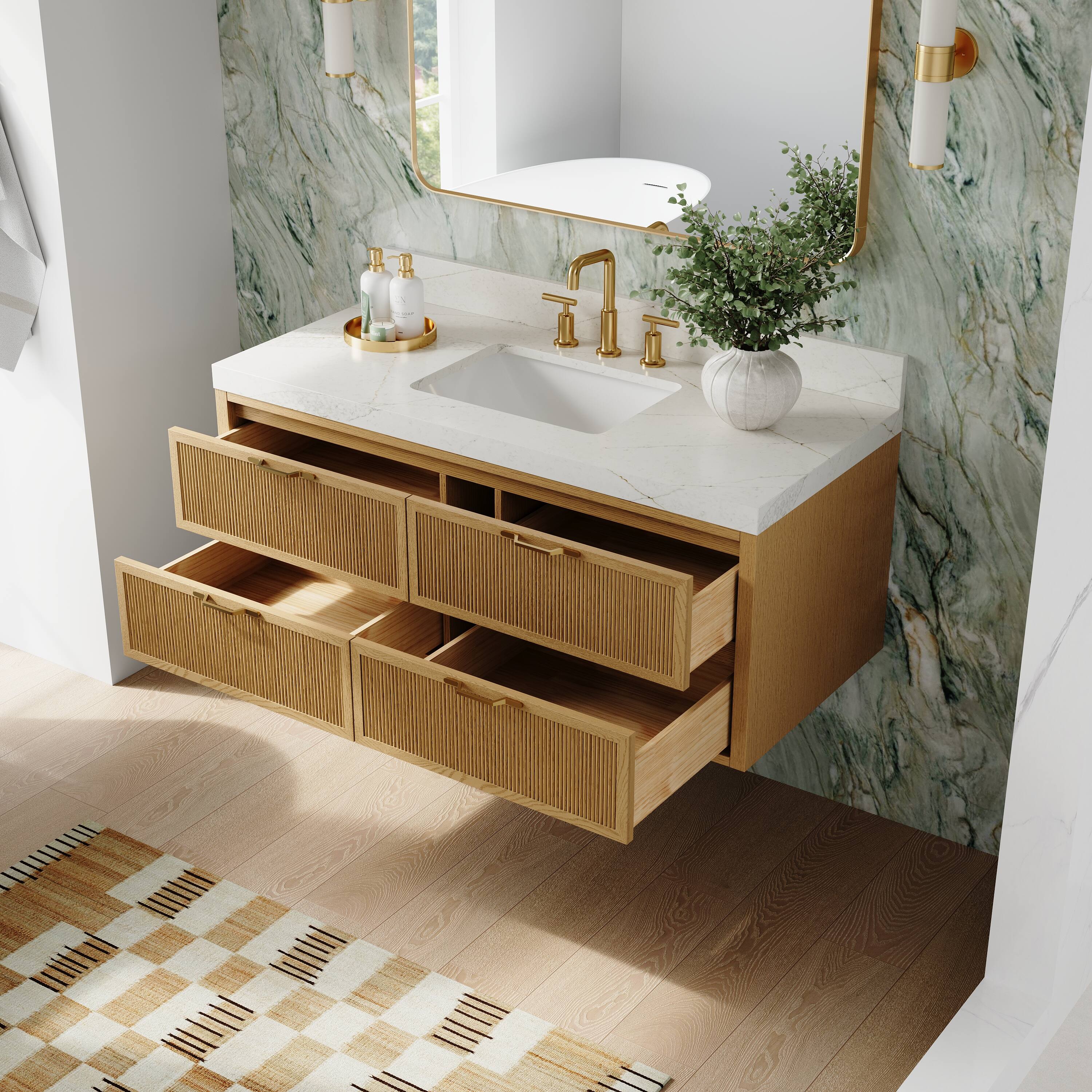 Left. WELLFOR - LYNOAK 48 in. Wall-mount Solid Wood Bath Vanity with Quartz Top, Single Sink, Soft Close, Assembled - OAK.