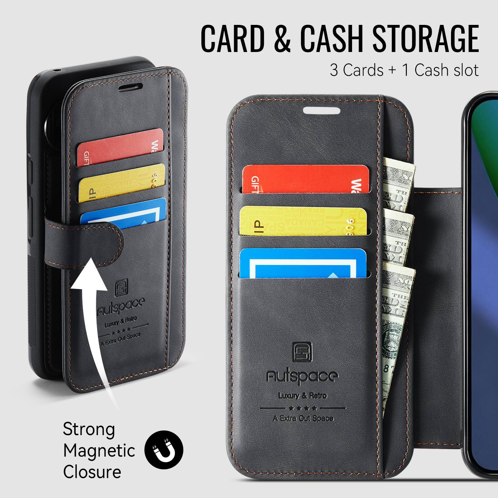 CARD & CASH STORAGE  
3 Cards + 1 Cash slot  

GIFT P  
Wa 206  
GIFT NETHERLANDS BRAZIL MOROCCO POLAND CANADA SP BIRMINGHAM  
Wa  
TH  
Autspace & Retro Luxury & Space Extra  
THE  
Autspace Luxury & Retro  
8  
Strong Magnetic Closure  
A Extra Out Space