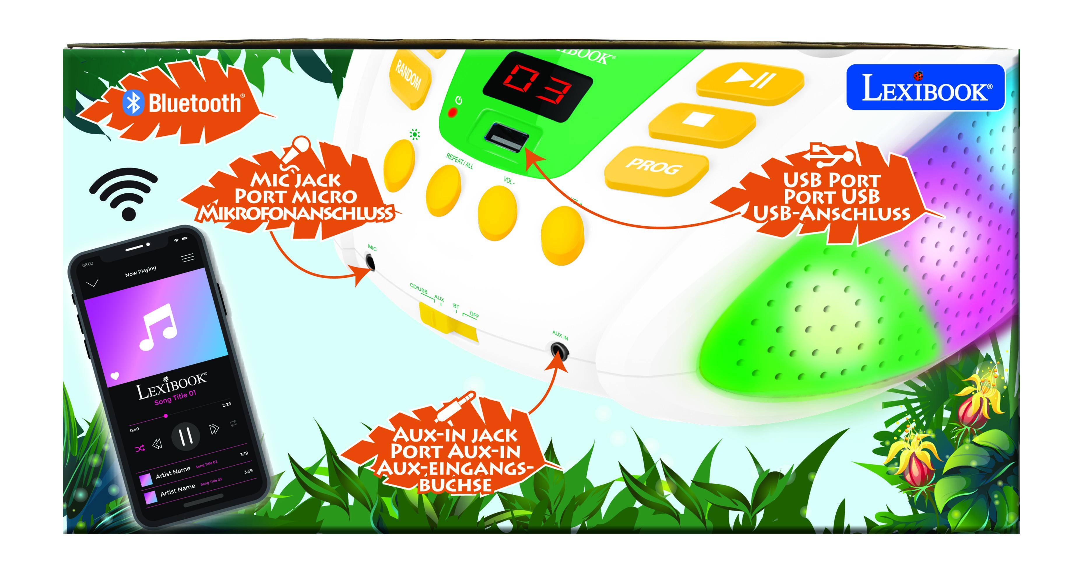Bluetooth  
MIC JACK PORT MICRO MIKROFONANSCHLUSS  
USB PORT PORT USB USB-ANSCHLUSS  
AUX-IN JACK PORT AUX-IN AUX-EINGANGS-BUCHSE  
LEXIBOOK  
Song Title: DO 3.28 4D II  
Artist Name: o -amg  
Artist Name: 1 5.09