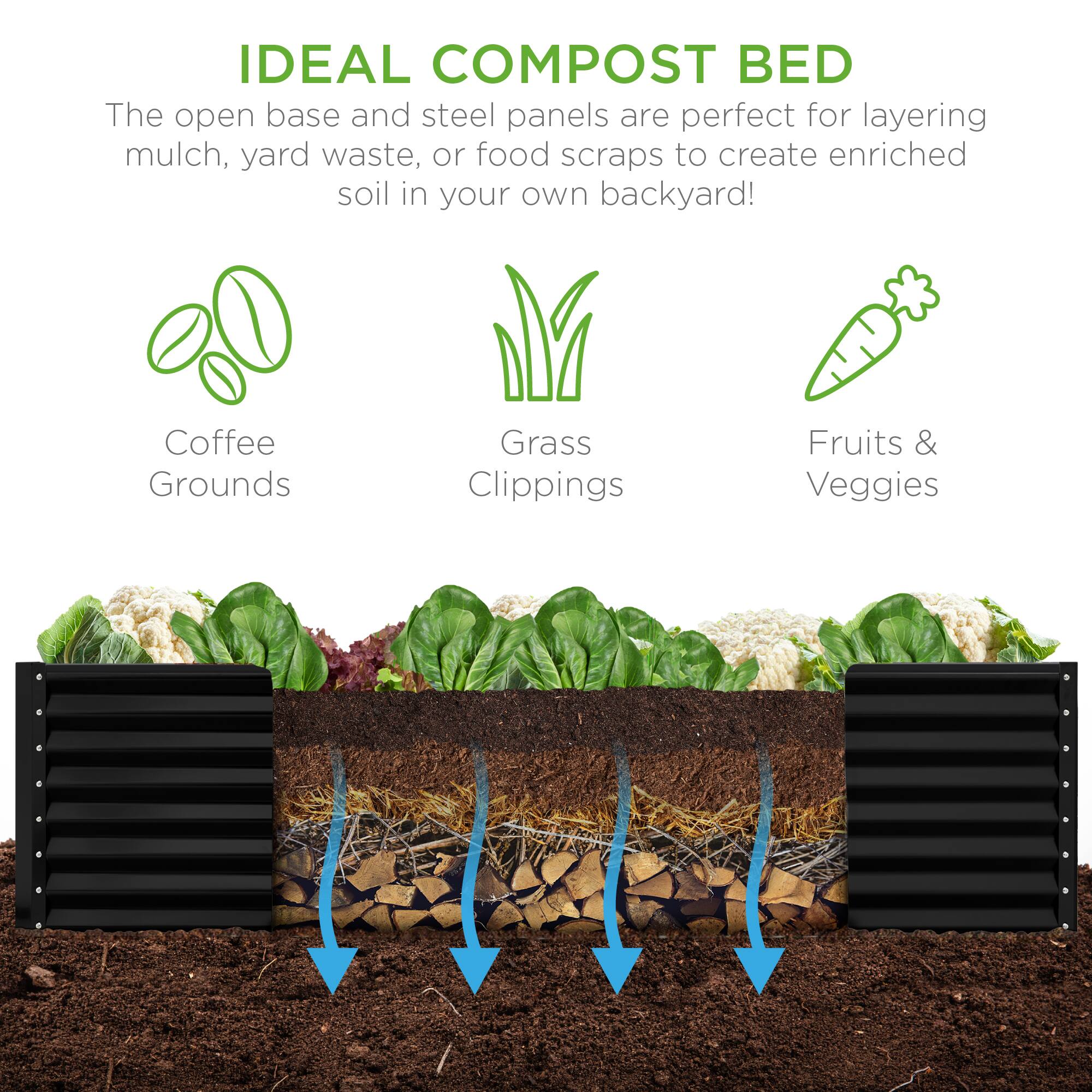 IDEAL COMPOST BED

The open base and steel panels are perfect for layering mulch, yard waste, or food scraps to create enriched soil in your own backyard!

- Coffee Grounds
- Grass Clippings
- Fruits & Veggies