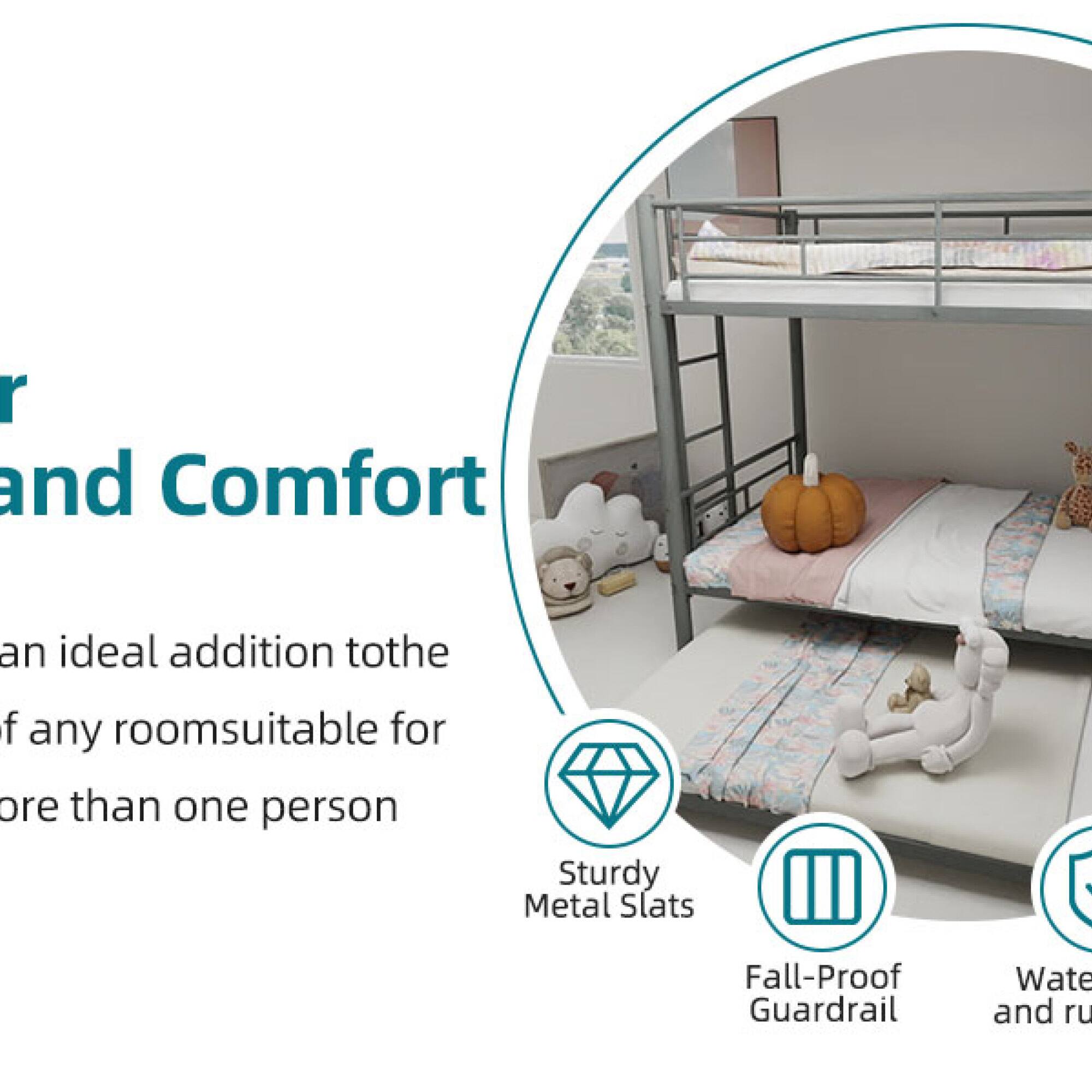 Sure, here is the corrected and grouped text:

---

**Bunk Bed: Style and Comfort**

An ideal addition to the decor of any room suitable for more than one person.

- Sturdy Metal Slats
- Fall-Proof Guardrail
- Water and rust resistant

---