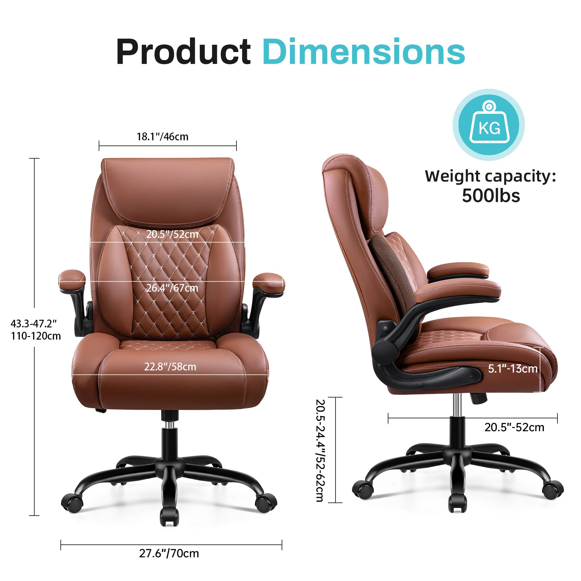 Product Dimensions  
18.1"/46cm  
20.5"/52cm  
26.4"/67cm  
43.3-47.2" / 110-120cm  
22.8"/58cm  
27.6"/70cm  
20.5-24.4"/52-62cm  
5.1"-13cm  
20.5"-52cm  

Weight capacity: 500lbs