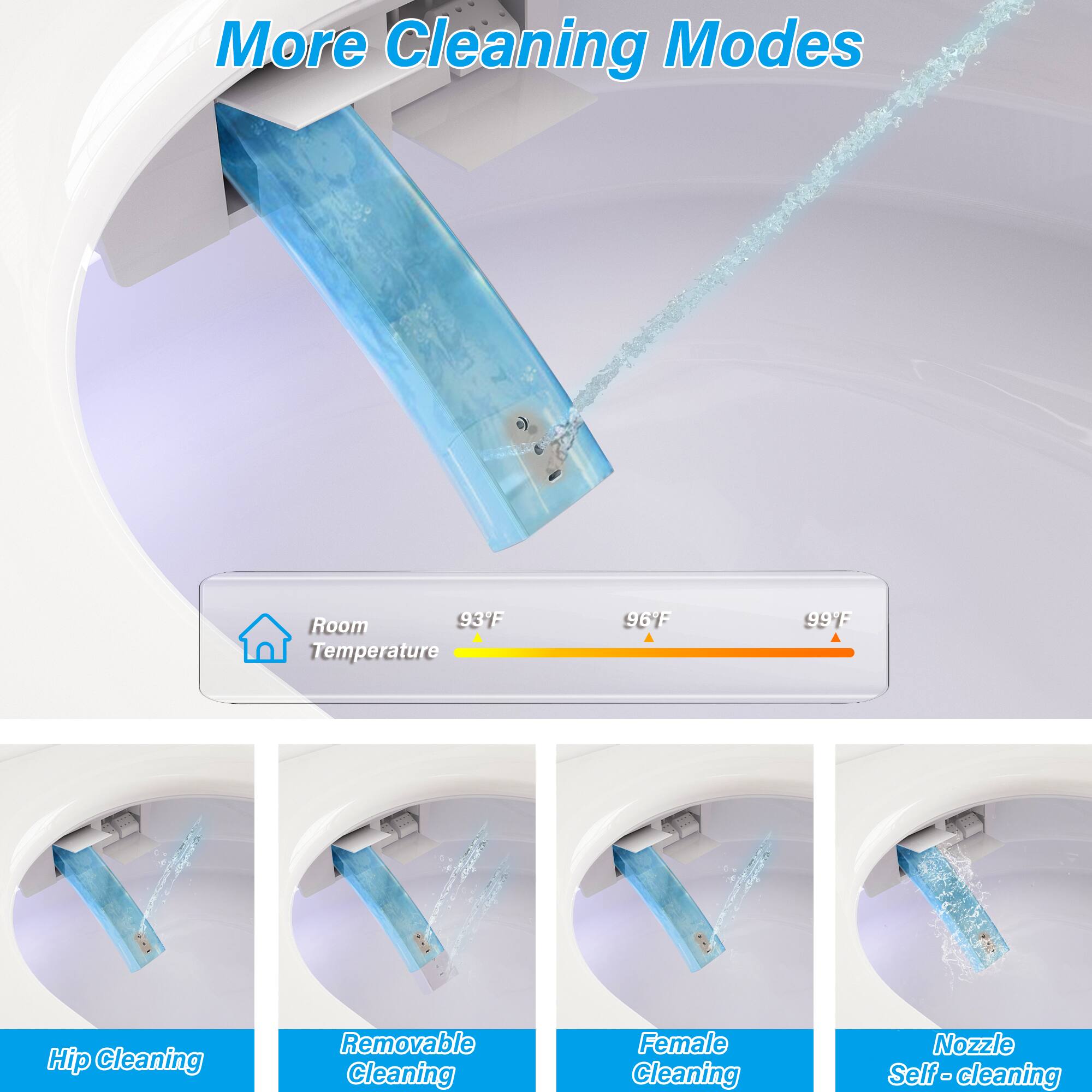 More Cleaning Modes

Room Temperature: 93°F - 96°F - 99°F

Hip Cleaning

Removable Cleaning

Female Cleaning

Nozzle Self-cleaning