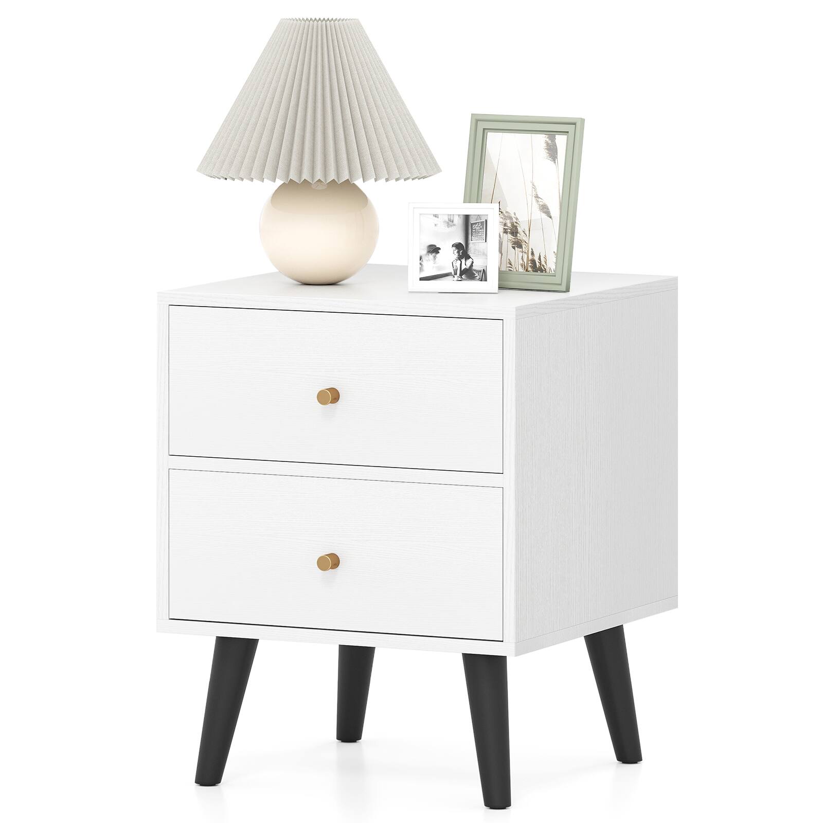 Alt View 2. WELLFOR - Mid-Century Modern Nightstand with Knobs and Raised Support Legs - White.