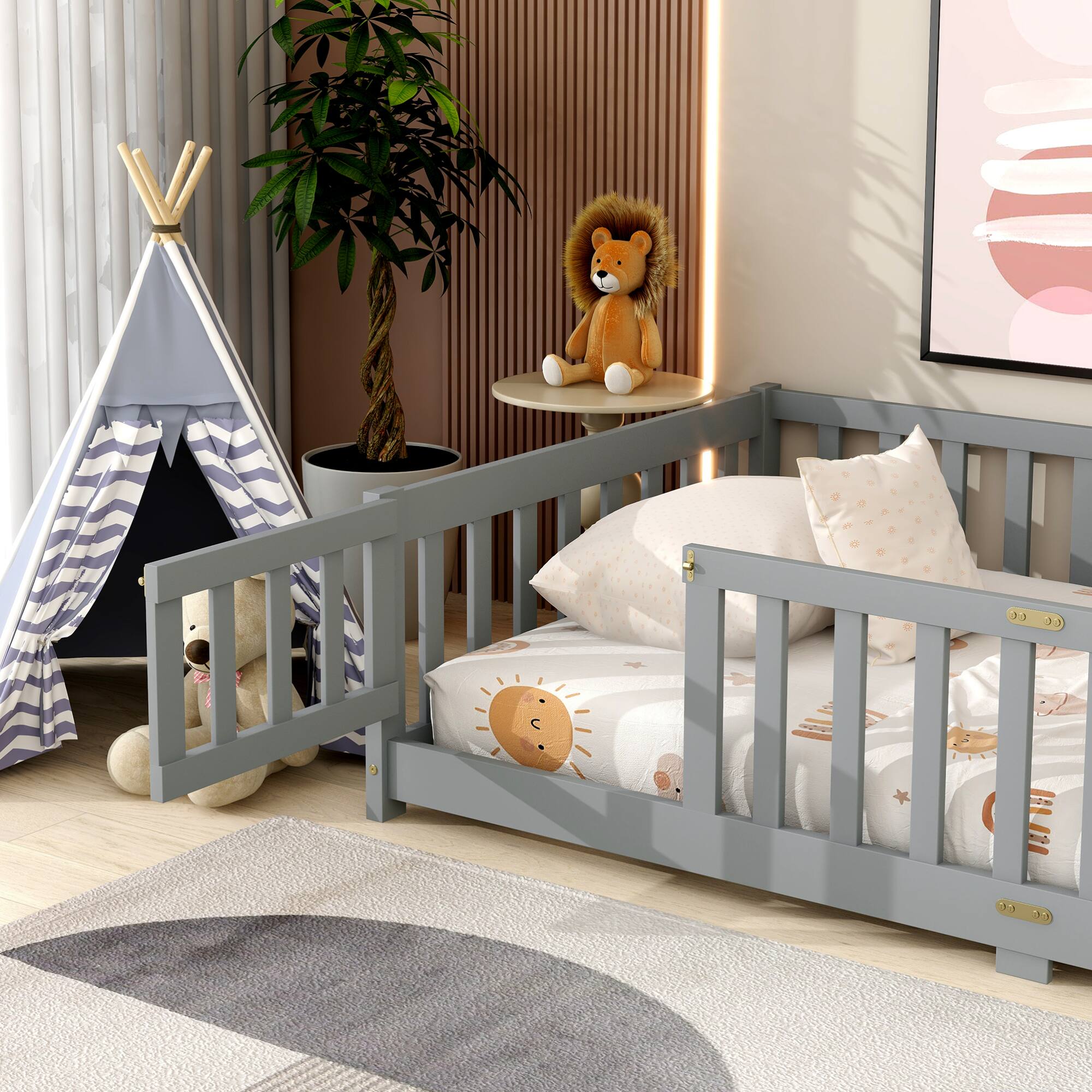 Alt View 7. GOODSILO - Twin Size Floor Bed with Safety Fence and Door for Kids, Sturdy Rubber Wood Construction - Grey.