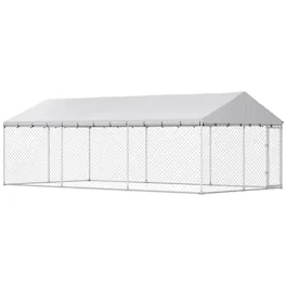 Pawhut - Duty Outdoor Dog Kennel with Waterproof Roof, 2 Secure Latches, Chain Link Dog Run for Backyard - Silver