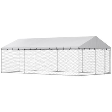 Front. Pawhut - Duty Outdoor Dog Kennel with Waterproof Roof, 2 Secure Latches, Chain Link Dog Run for Backyard - Silver.