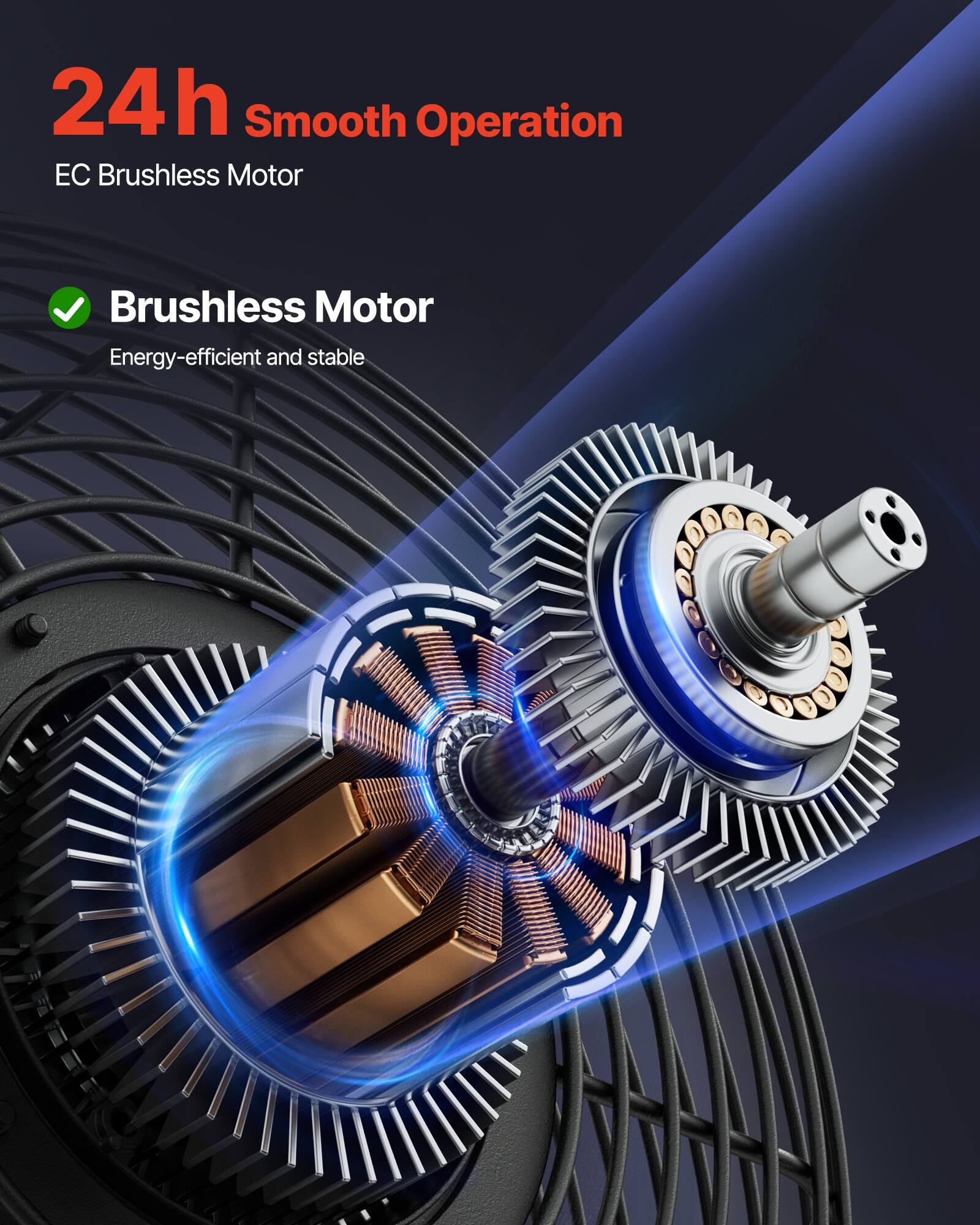 24h Smooth Operation  
EC Brushless Motor  

Brushless Motor  
Energy-efficient and stable