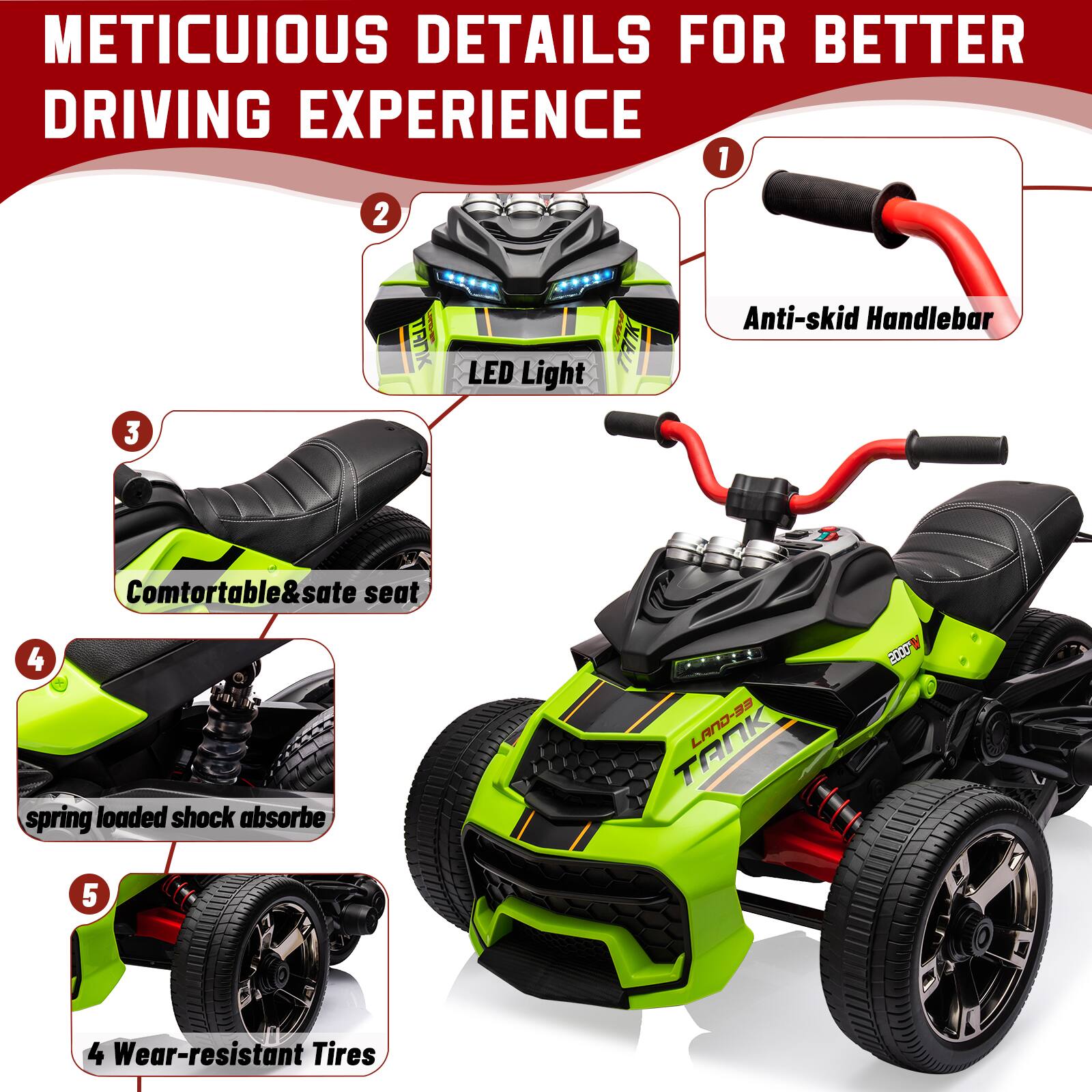 1. Anti-skid Handlebar  
2. LED Light  
3. Comfortable & Safe Seat  
4. Spring Loaded Shock Absorber  
5. 4 Wear-resistant Tires