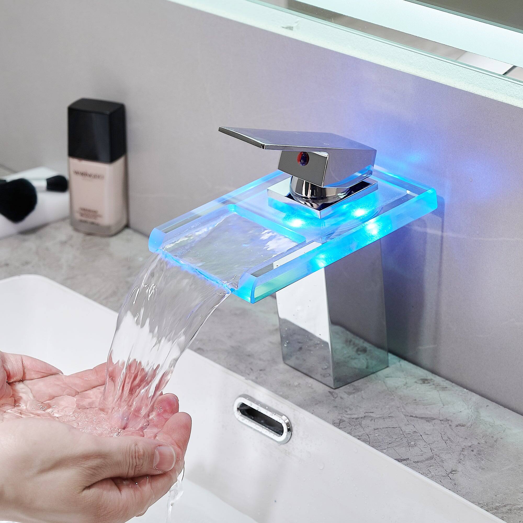 Alt View 3. Boyel Living - Waterfall Single Handle Single Hole Bathroom Faucet Chrome with LED Temperature Sensor and Supply Hoses Easy Install - Chrome.