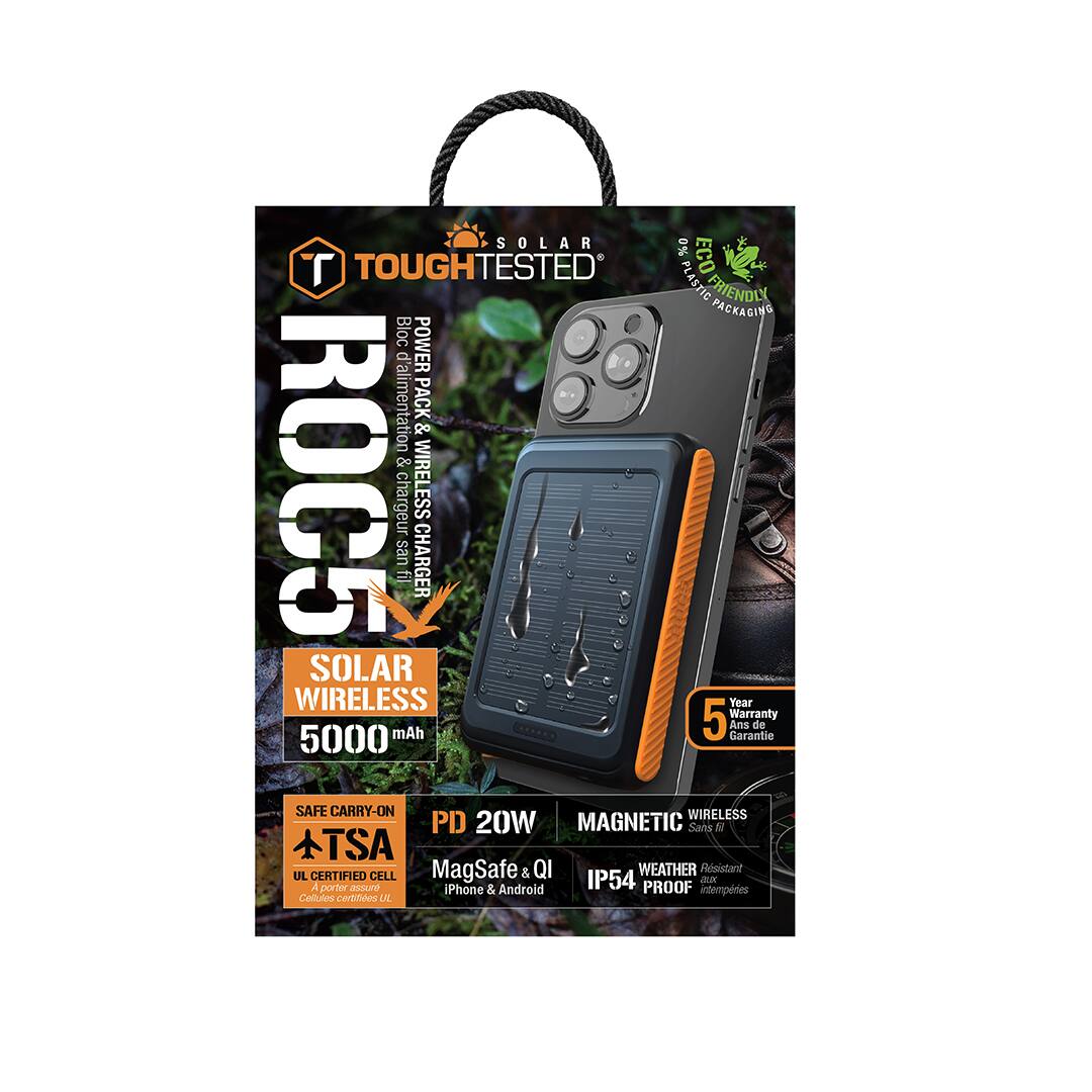 **ToughTested Solar**

**ROOC5**

- **Solar Wireless 5000 mAh**
- **Power Pack & Wireless Charger**
- **Magnetic & Wireless**
- **Weather Proof IP54**
- **PD 20W**
- **MagSafe & Qi**
- **iPhone & Android**
- **Safe Carry-On TSA**
- **UL Certified Cell**
- **5 Year Warranty**
- **Eco Friendly Packaging**
- **BIO PACK & Wireless Charger**
- **5000 mAh**
- **PD 20W**
- **MagSafe & Qi**
- **iPhone & Android**
- **Weather Proof IP54**
- **UL Certified Cell**
- **5 Year Warranty**