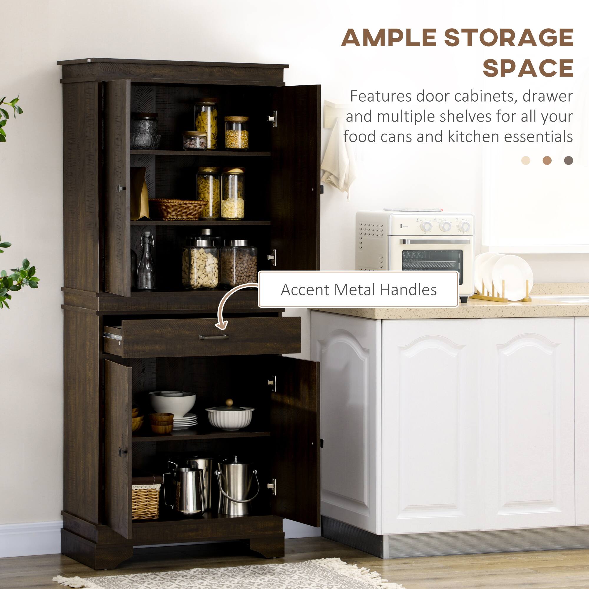 AMPLE STORAGE SPACE  
Features door cabinets, drawer and multiple shelves for all your food cans and kitchen essentials.  
Accent Metal Handles