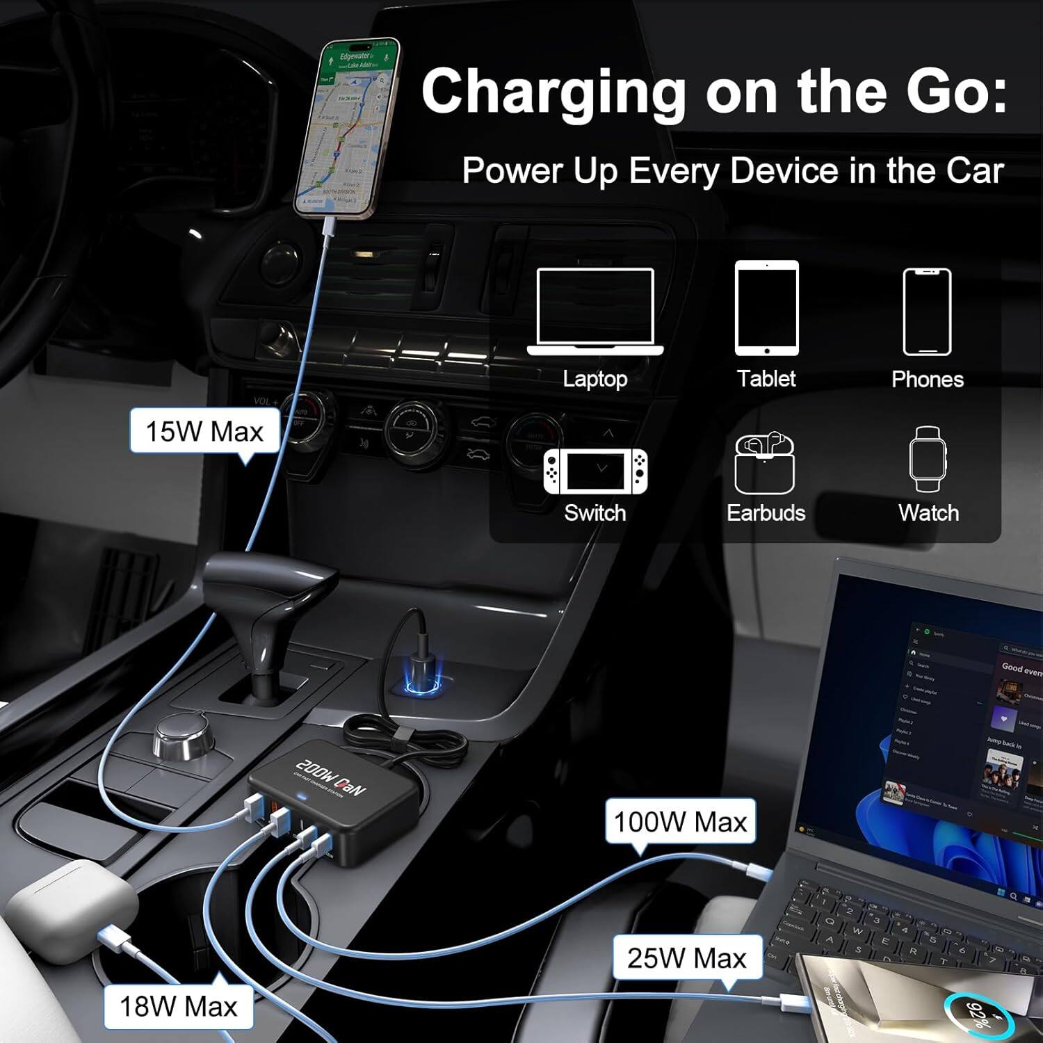 - Charging on the Go: Power Up Every Device in the Car
- Laptop: 100W Max
- Tablet: 25W Max
- Phones: 18W Max
- Switch: 15W Max
- Earbuds: 10W Max
- Watch: 5W Max