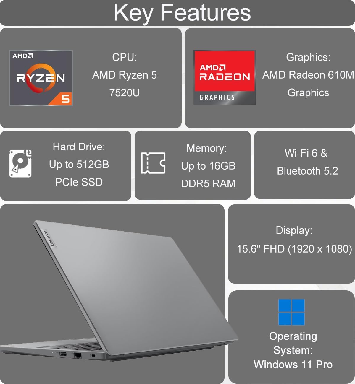 Alt View 1. Lenovo - V15 Gen 4 15.6" FHD Laptop - AMD Ryzen 5 with 16GB Memory - 512GB SSD - Numeric keypad - Windows 11 Pro - Gray.