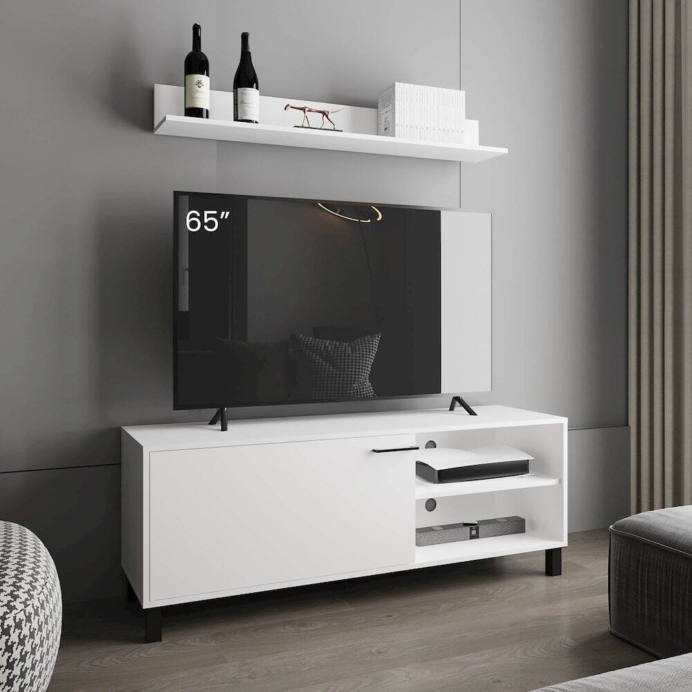 Alt View 3. TuHome - Tv Stand Two Doors, Open Shelves And Spacious Top Surface, White - White.