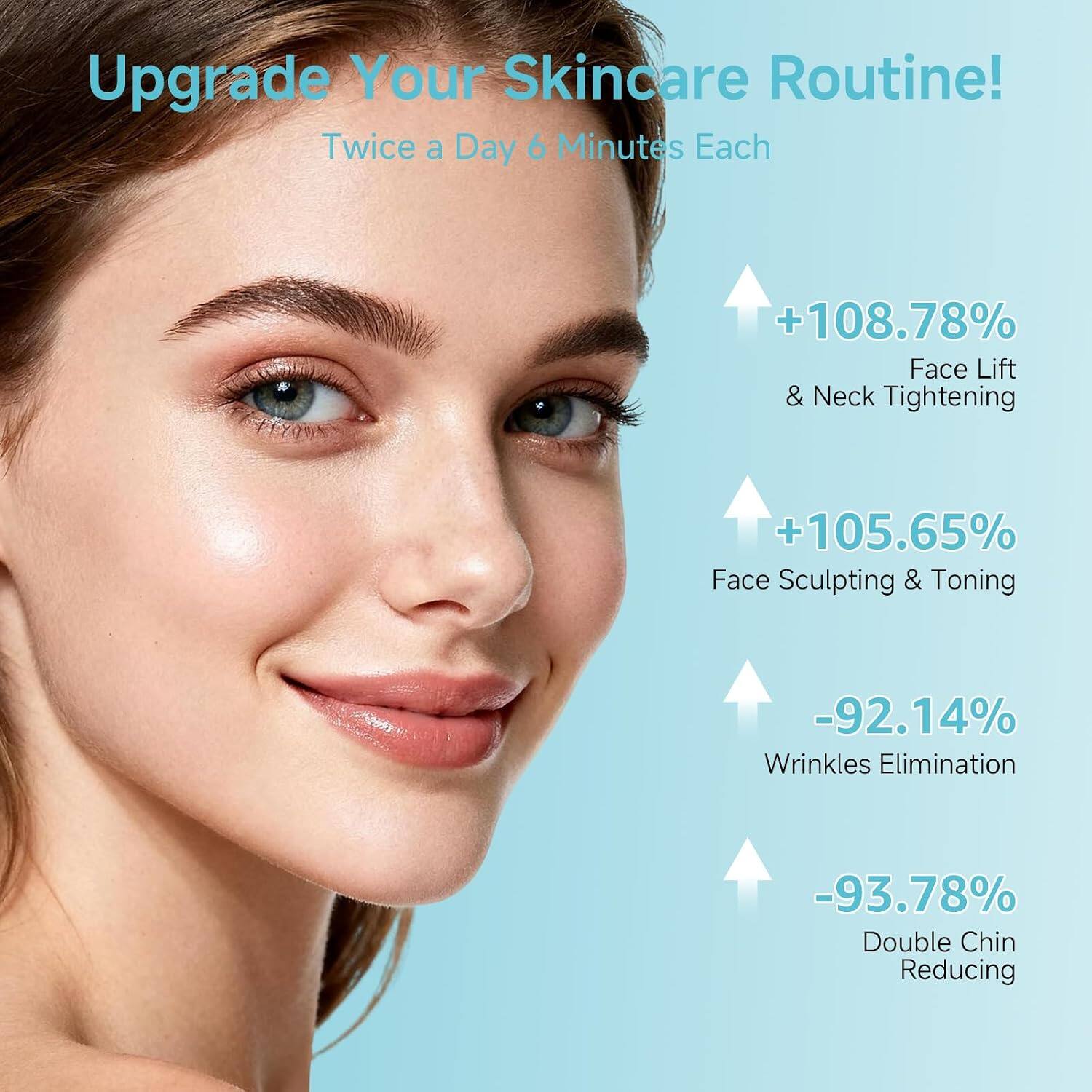Upgrade Your Skincare Routine!  
Twice a Day 6 Minutes Each  
+108.78% Face Lift & Neck Tightening  
+105.65% Face Sculpting & Toning  
-92.14% Wrinkles Elimination  
-93.78% Double Chin Reducing