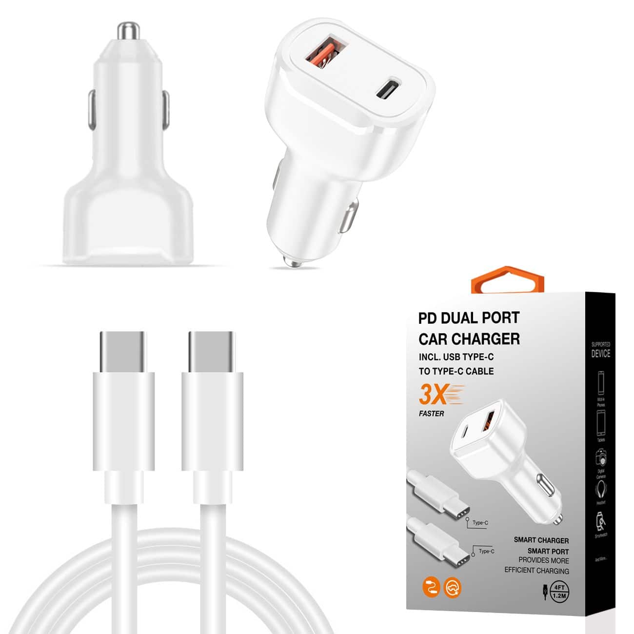 Reiko - 36W PD Dual Ports Travel Car Charger Adapter Fast Charging with USB-C to Type-C Cable