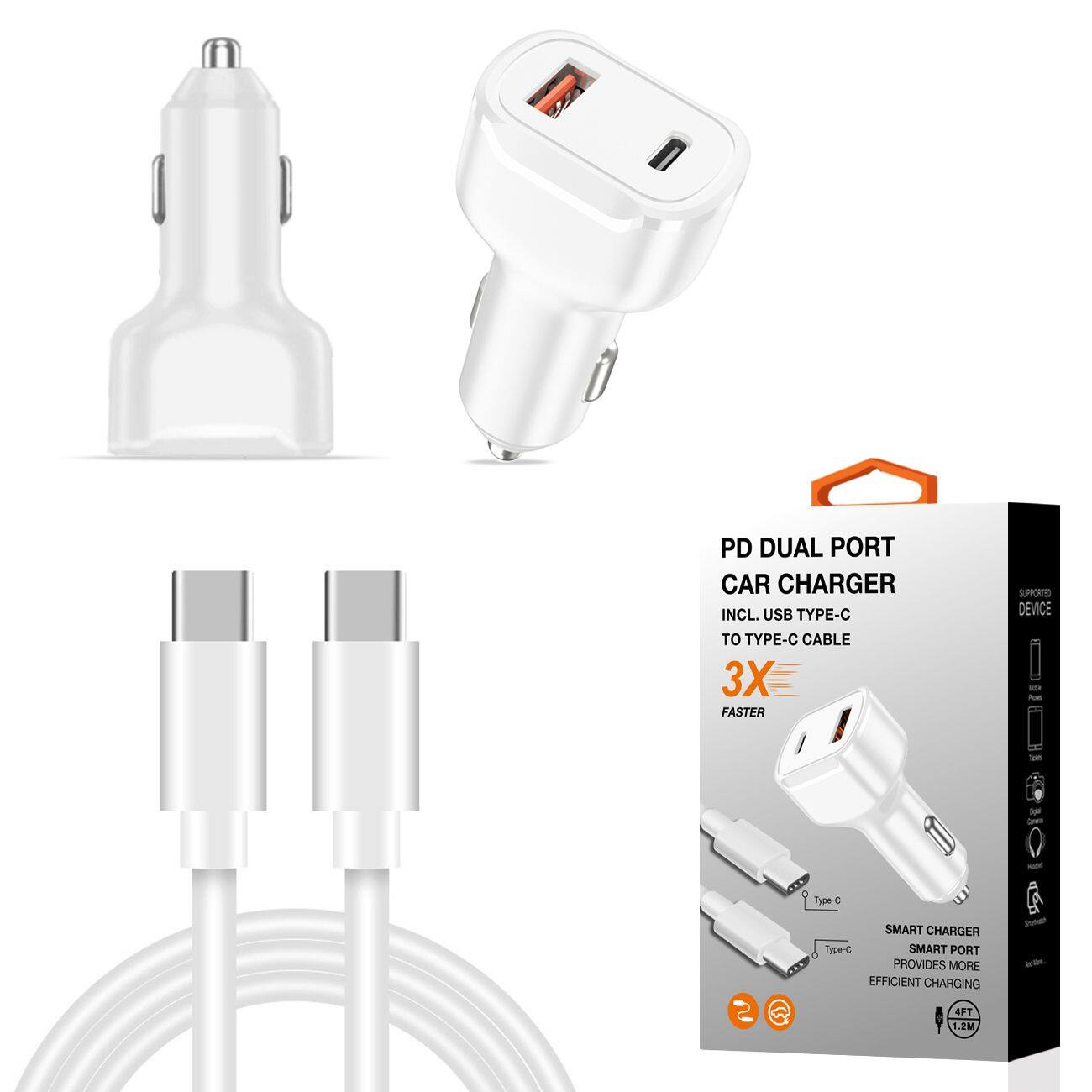 PD DUAL PORT CAR CHARGER INCL. USB TYPE-C TO TYPE-C CABLE 3X FASTER

GRORE DEVICE

Type-C

SMART CHARGER Type-C SMART PORT PROVIDES MORE EFFICIENT CHARGING 4FT .2M