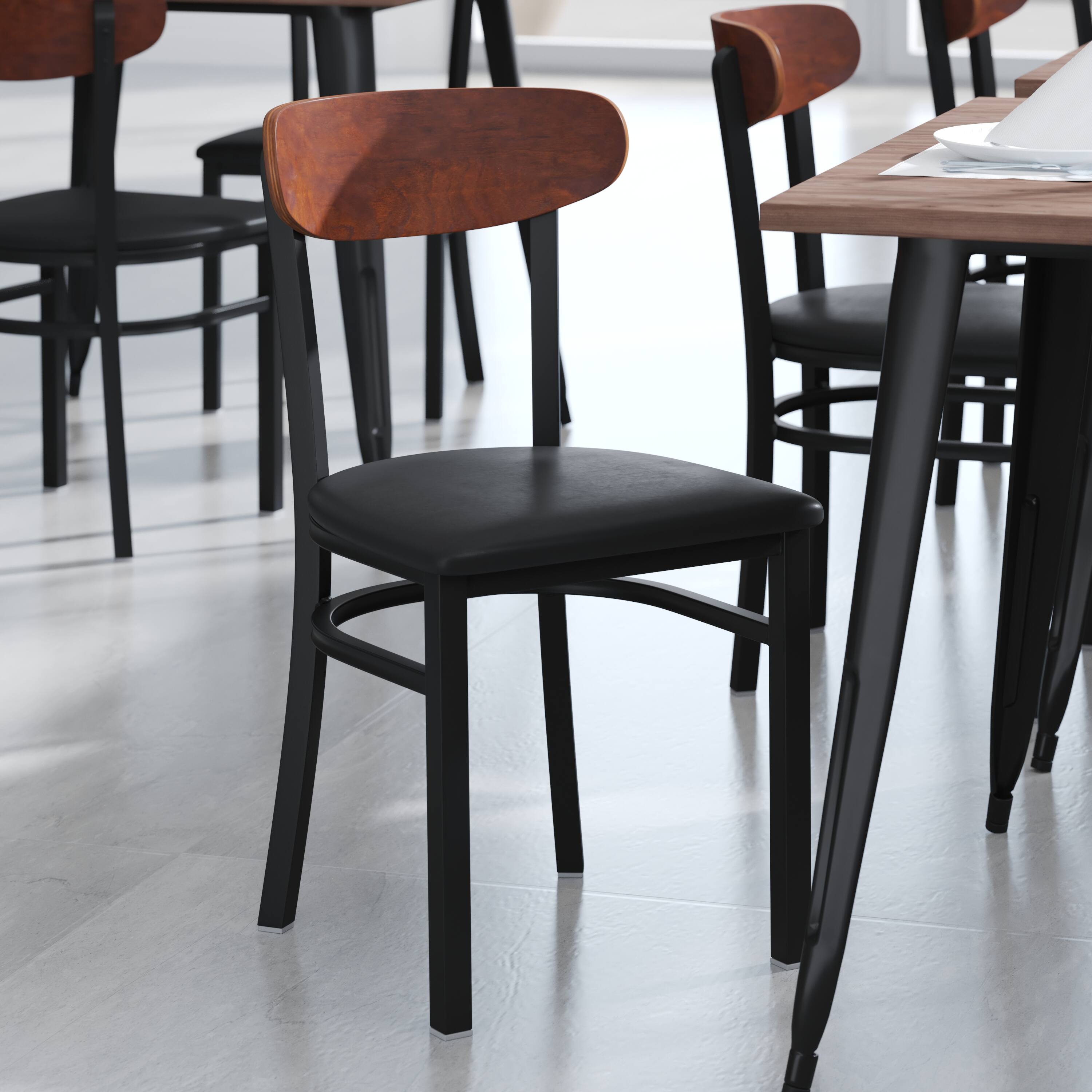 Alt View 1. Emma + Oliver - Yara Industrial Dining Chair with Rolled Steel Frame and Solid Wood Seat - 500 lbs. Static Weight Capacity - Walnut Wood Back/Black Vinyl Seat.