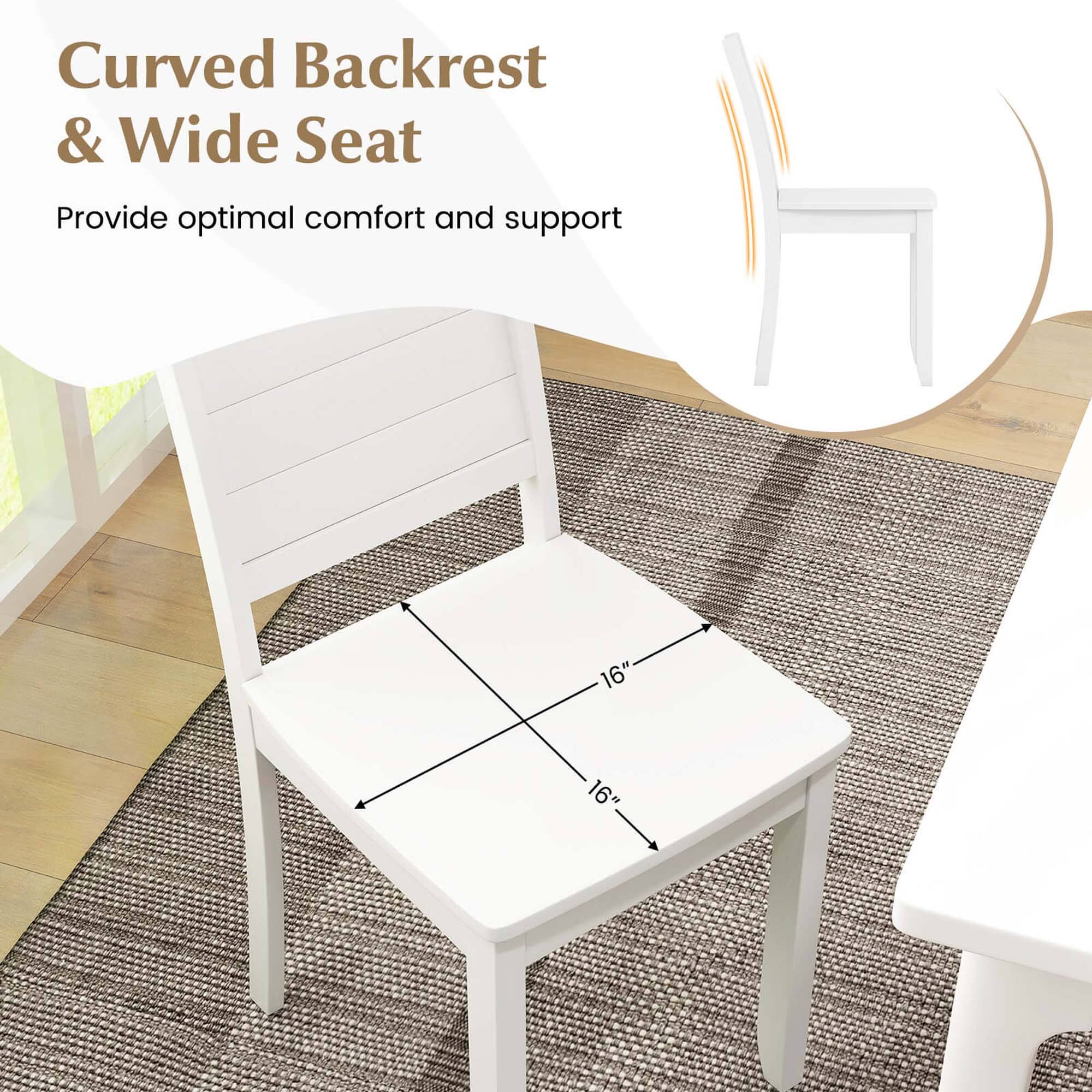 The text on the image reads: "Curved Backrest & Wide Seat Provide optimal comfort and support 16" 16"."