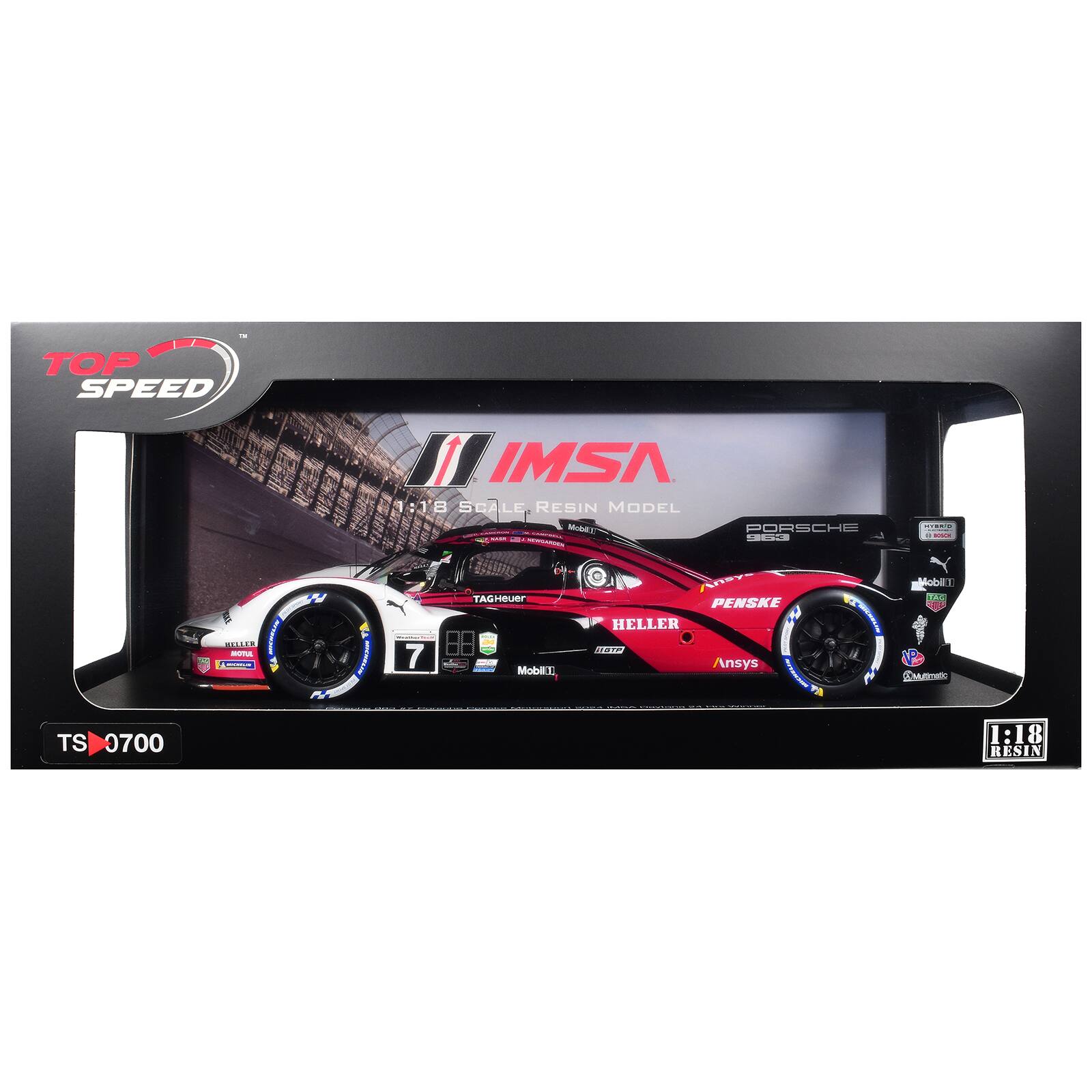 TOP SPEED "IMSA 1:18 SCALE RESIN MODEL PORSCHE - 43 - - - - K.RAA - ... E - (I - | 7 TAGHeUeT C - Moblll, ASY PENSKE HELLER . UOIN Ansys - MOBET .OO 1 COMUTMT TS 0700 1:18 RESIN