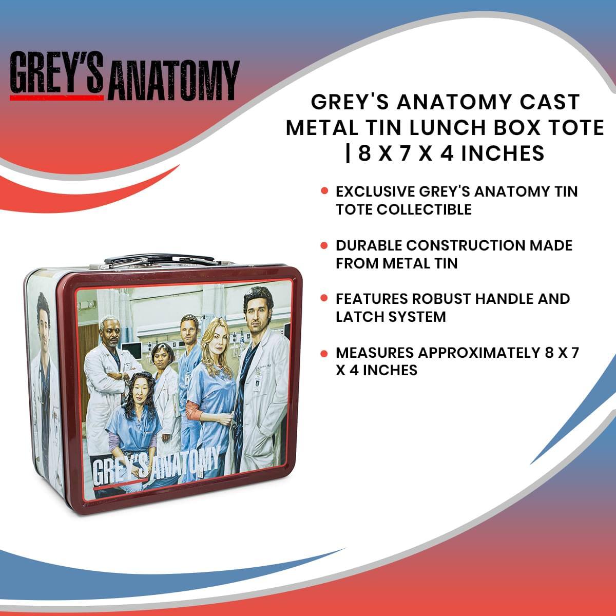 **Grey's Anatomy**

**Grey's Anatomy Cast Metal Tin Lunch Box Tote | 8 x 7 x 4 Inches**

- Exclusive Grey's Anatomy Tin Tote Collectible
- Durable Construction Made from Metal Tin
- Features Robust Handle and Latch System
- Measures Approximately 8 x 7 x 4 Inches